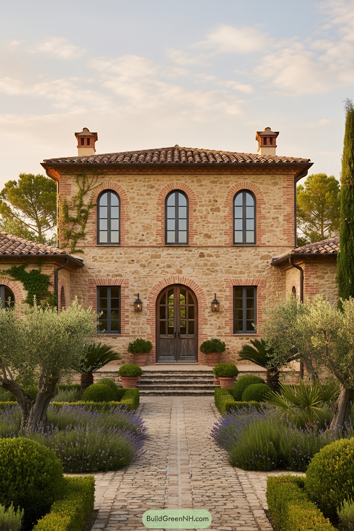 Mediterranean stone house with arched windows and tiled roof