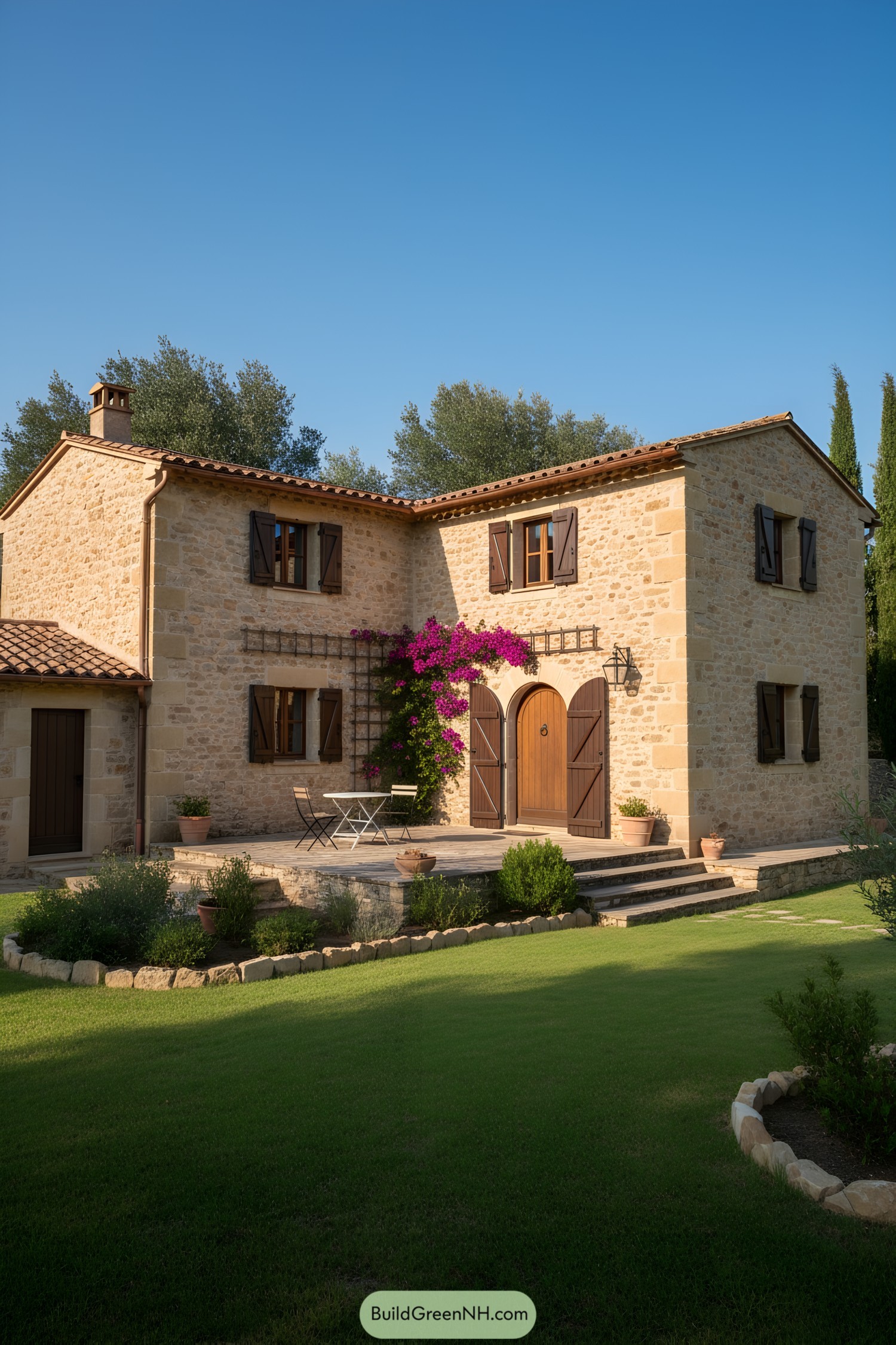 Mediterranean stone house with wood shutters and bougainvillea by an arched door