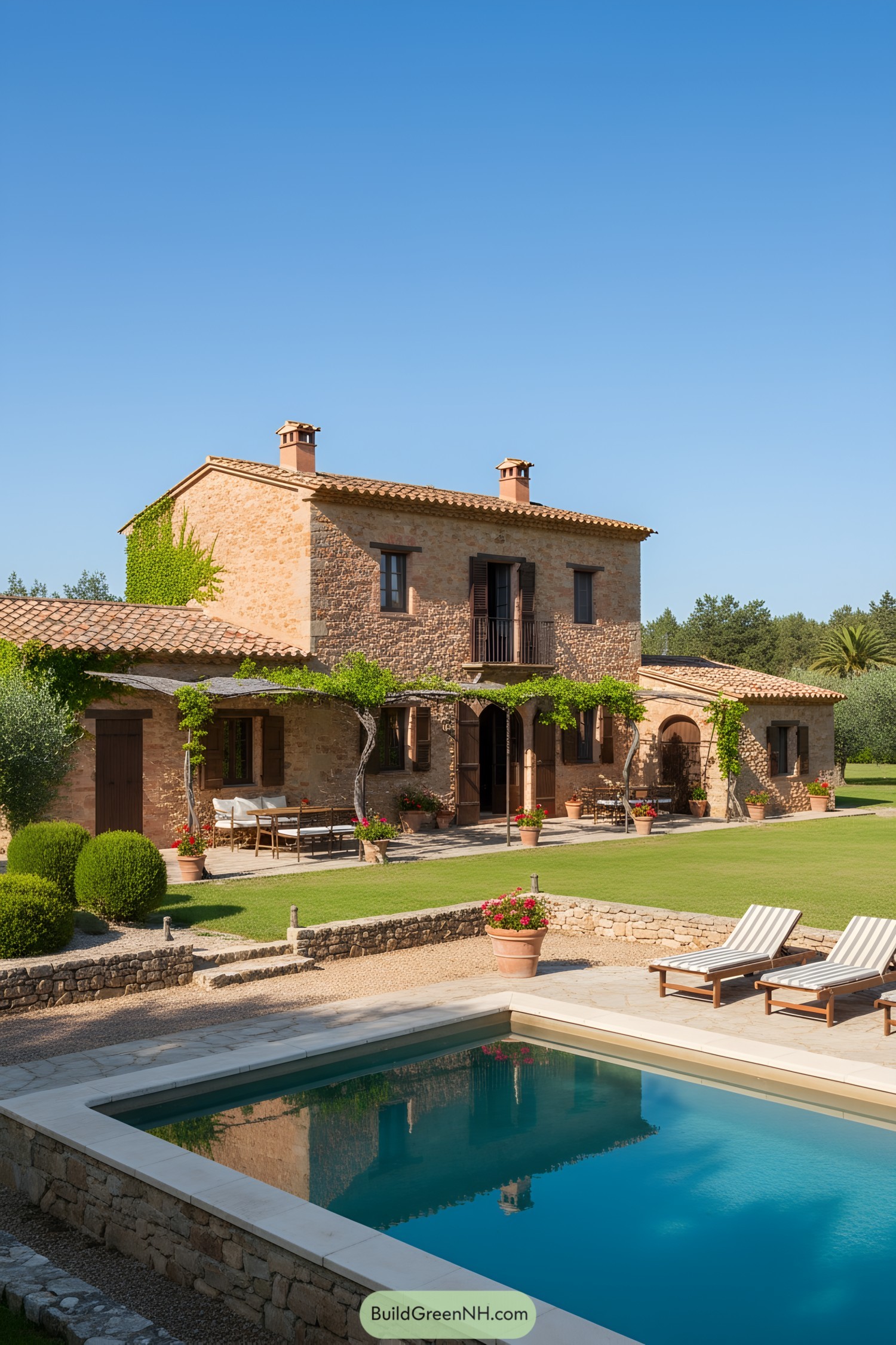 Mediterranean stone farmhouse with pergola and pool