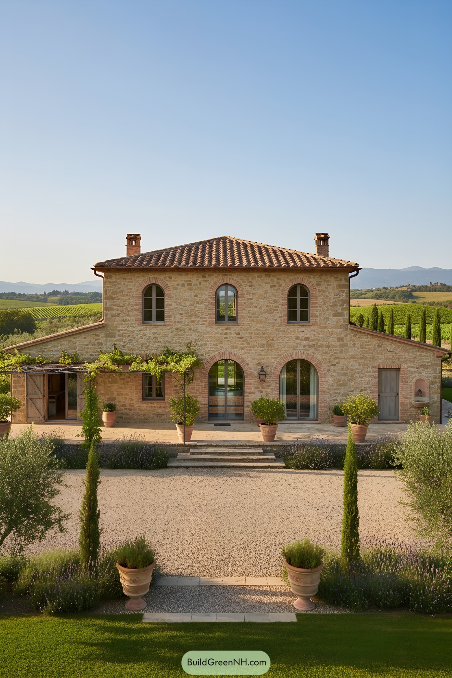Stone farmhouse with arched windows and terracotta roof