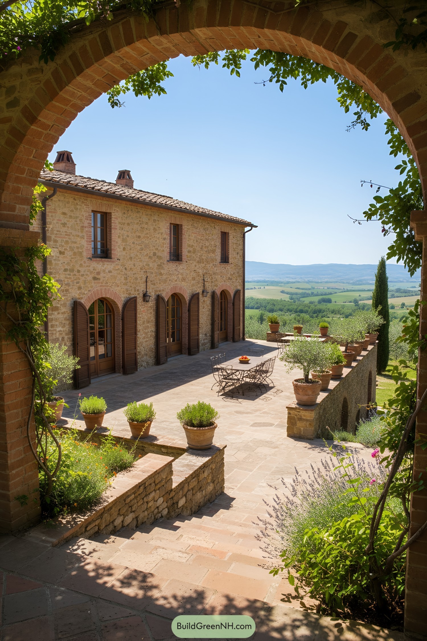 Stone villa with arched doors and panoramic terrace