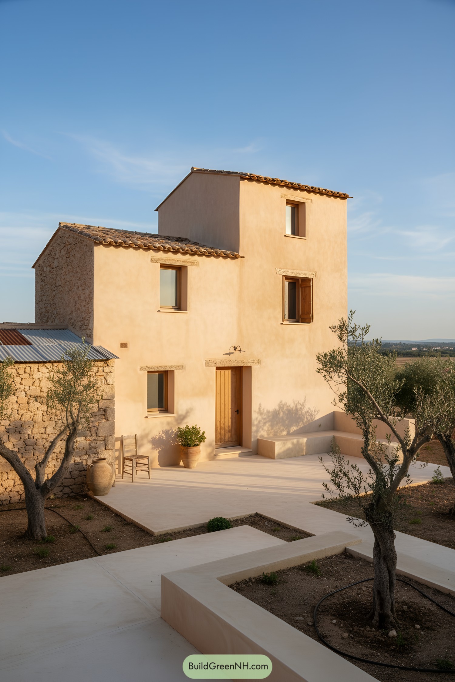 Beige stucco farmhouse with tower and courtyard