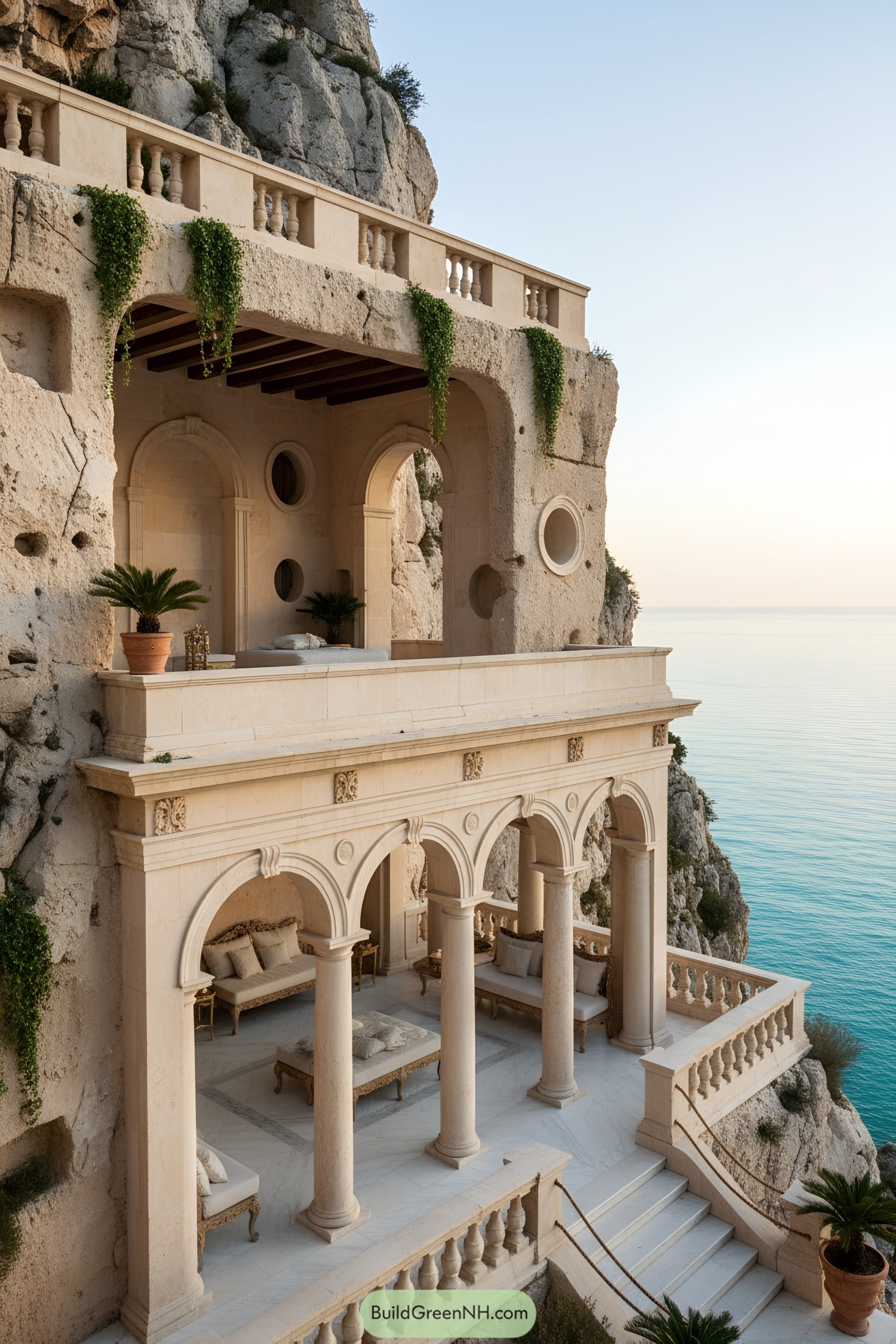Stone palazzo carved into seaside cliff