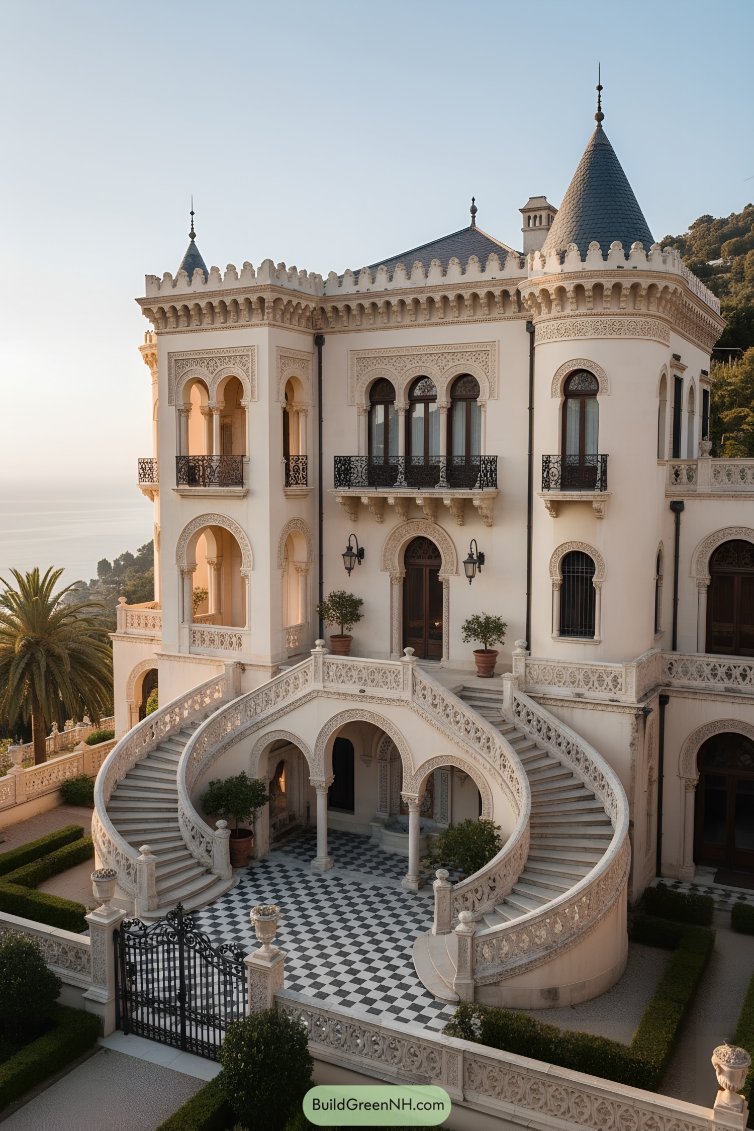 Ornate Mediterranean palace with twin curving stairs