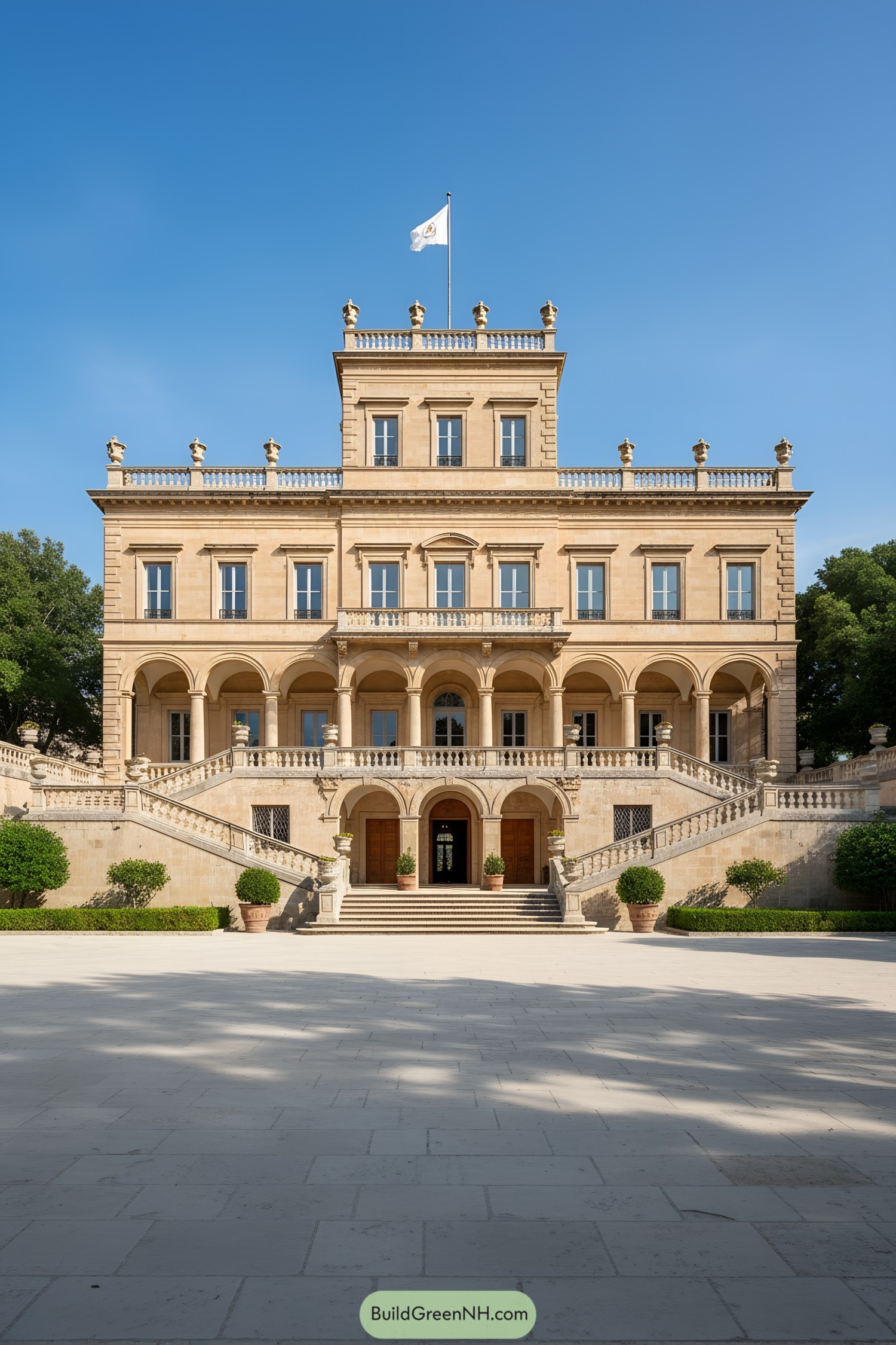Symmetrical stone palace with arched loggias