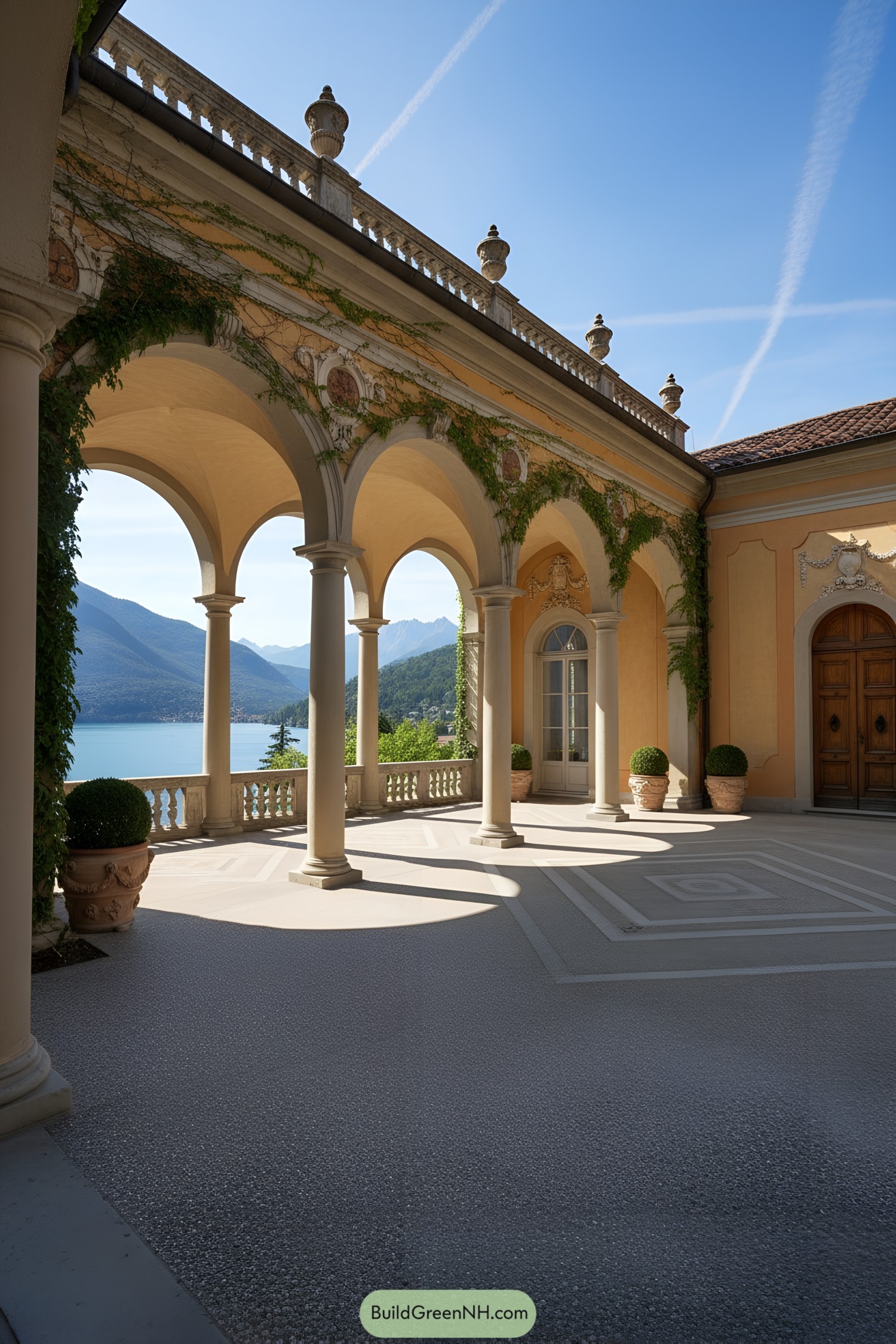 Open loggia with arches overlooking a lake