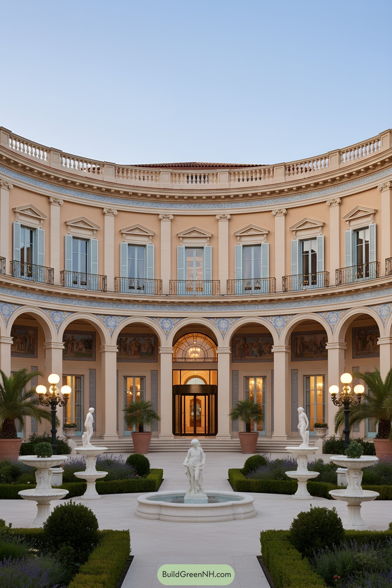 Elegant Mediterranean palace courtyard with arches, statues, and formal gardens