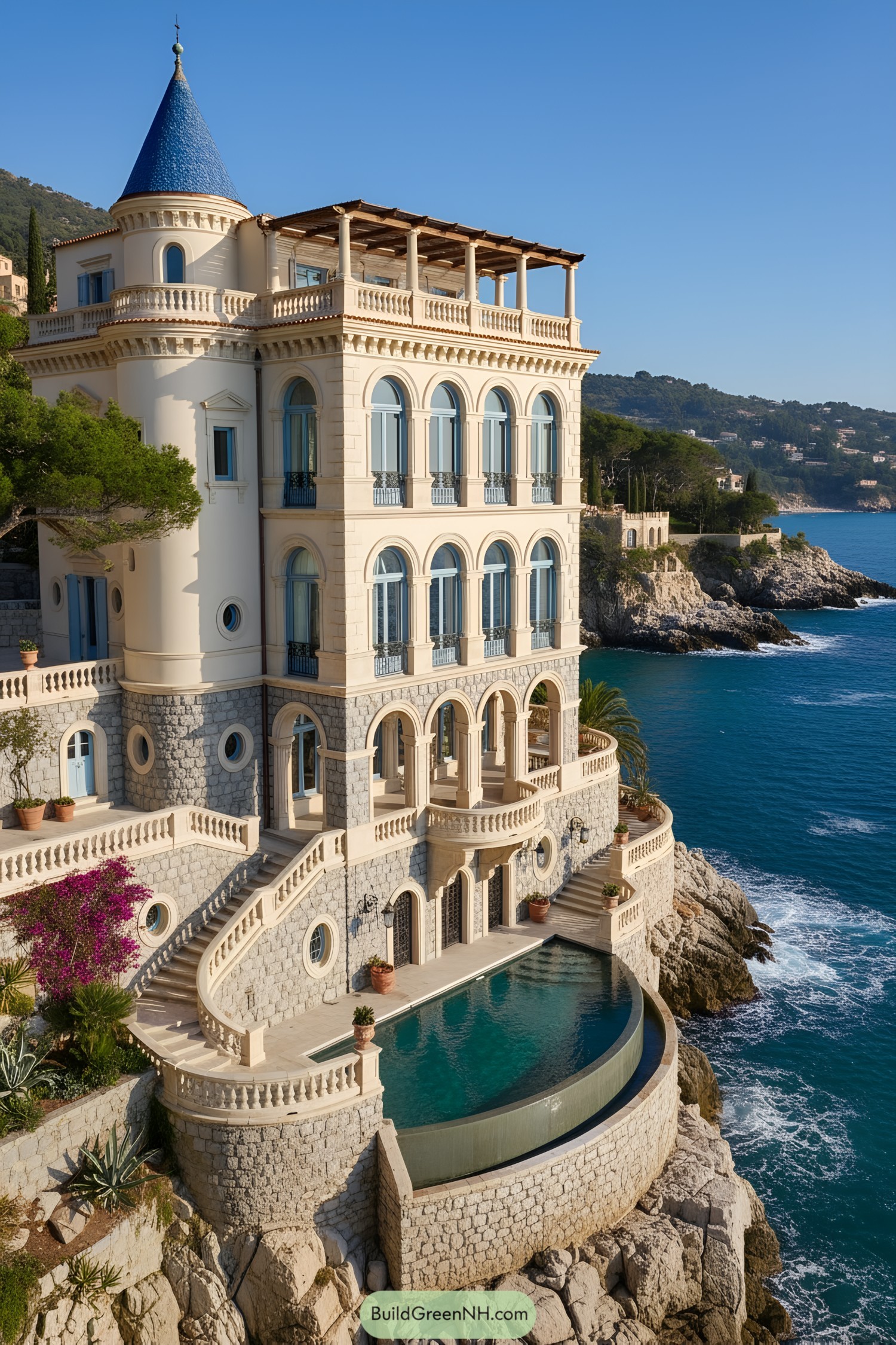 Seaside palace with arched windows and infinity pool