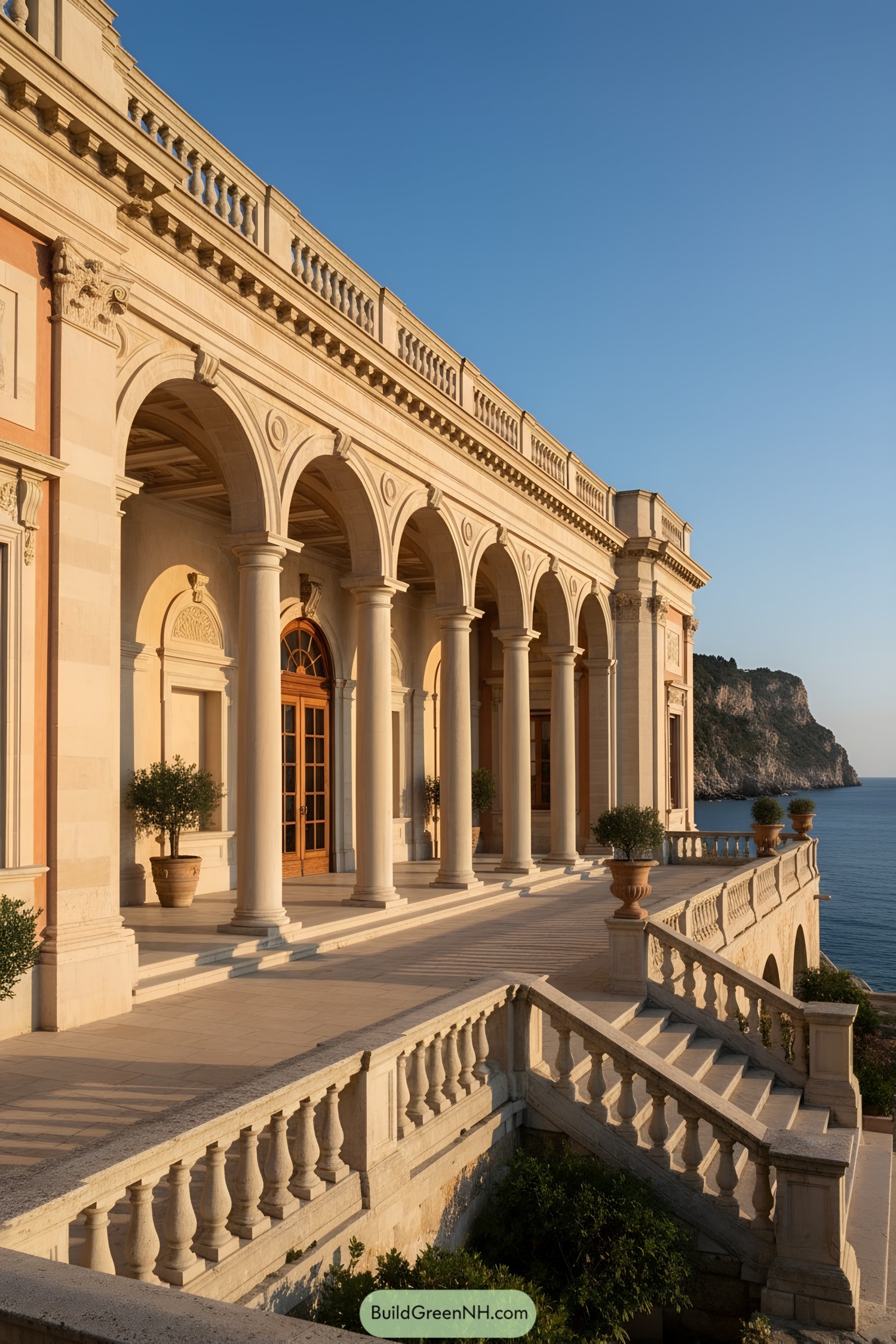 Seaside palazzo with arched colonnade and balustrades