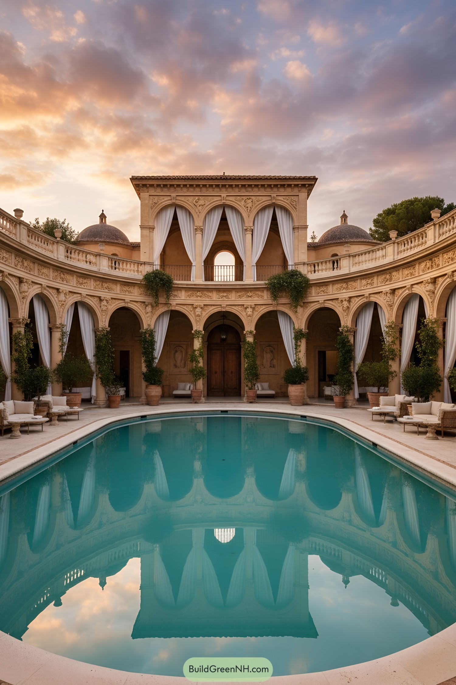 Mediterranean courtyard palace with arched colonnades and pool