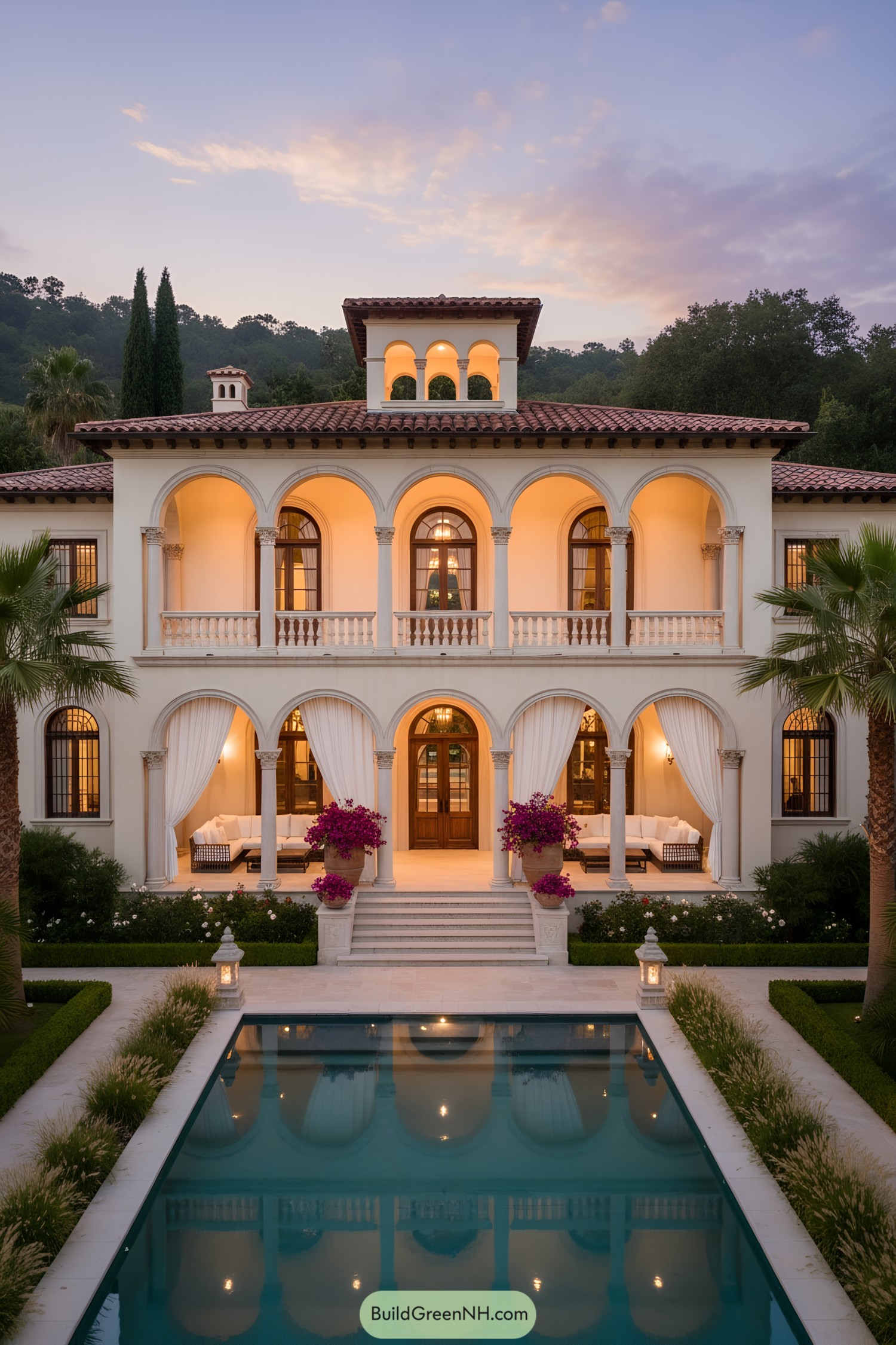 Mediterranean villa with arched loggias and reflecting pool