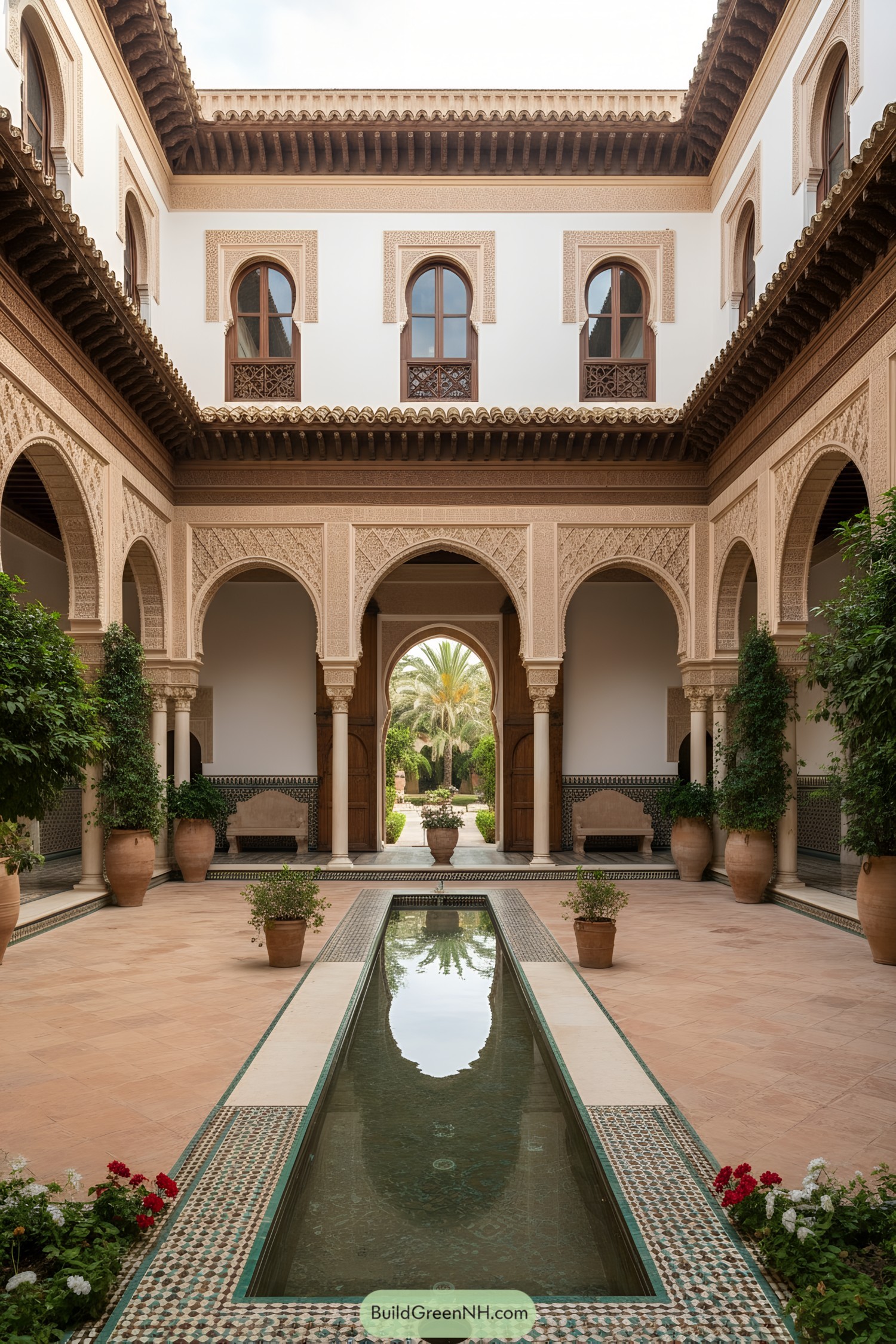 Moorish courtyard with reflecting pool and arches