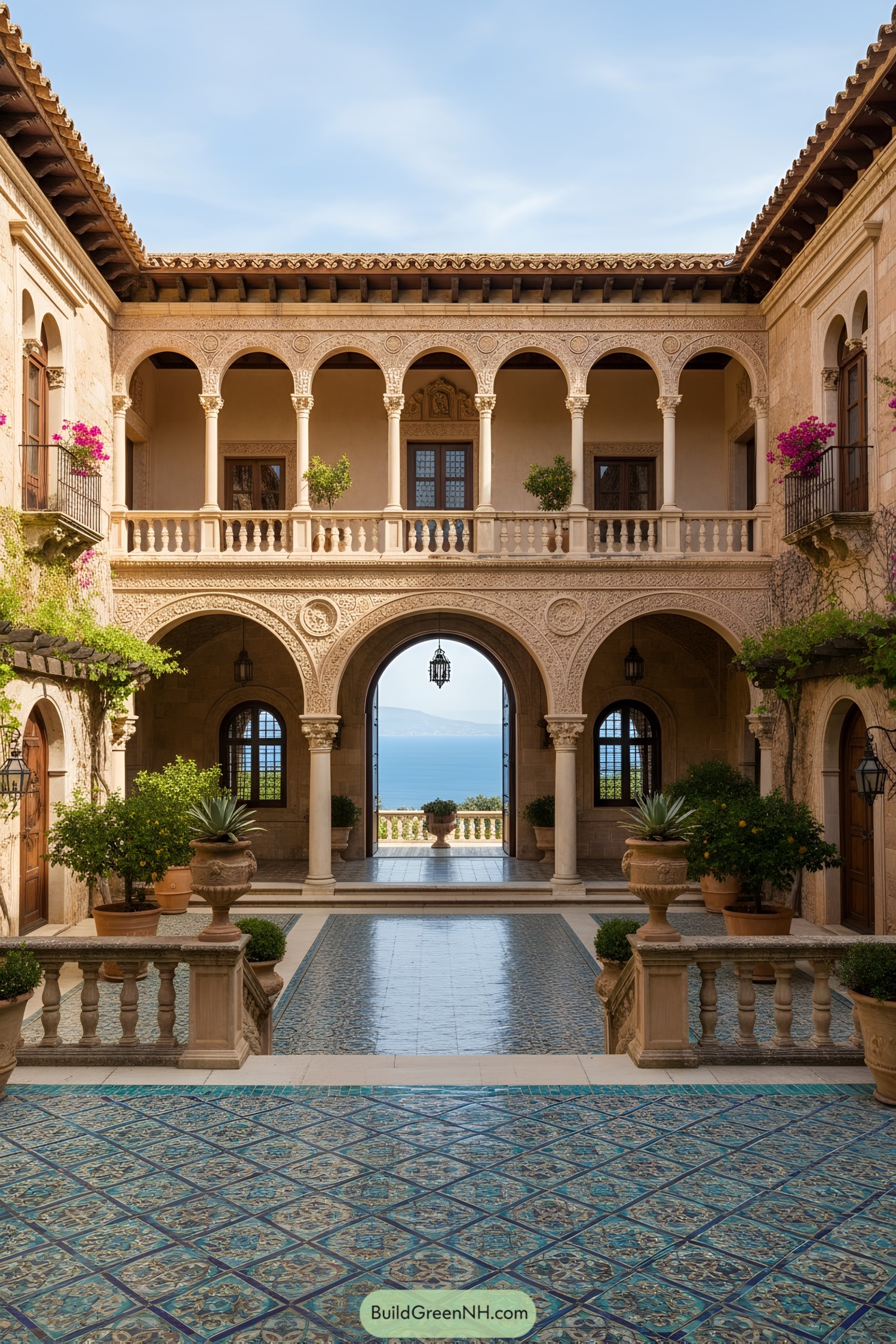 Mediterranean courtyard with arched loggias and patterned tiles opening to a sea view