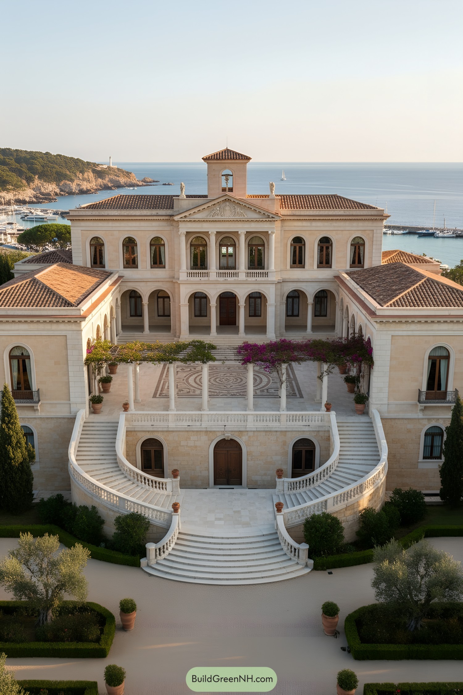 Mediterranean palace with twin curved stairways and central loggia