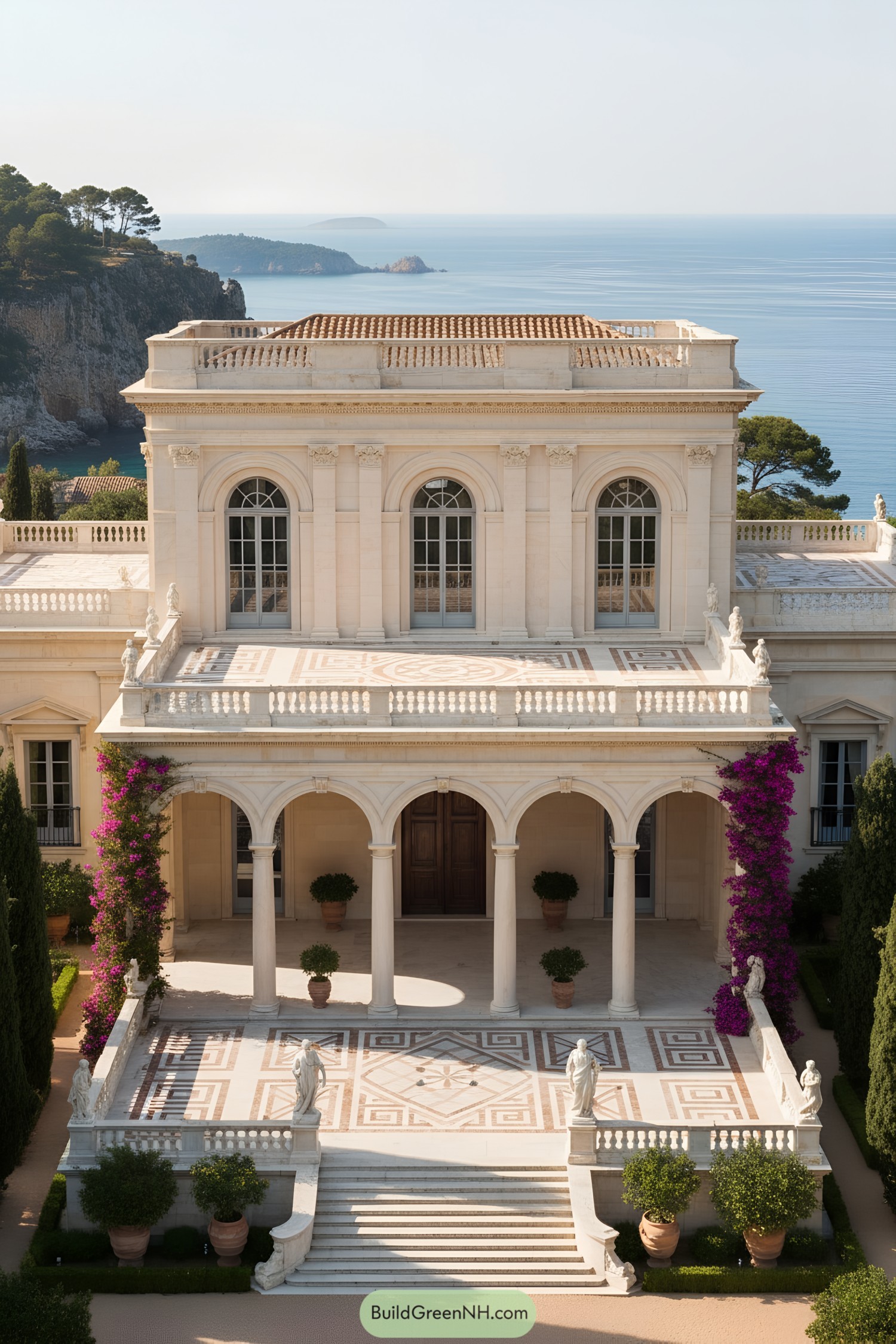 Grand palazzo with arched loggia and sea backdrop