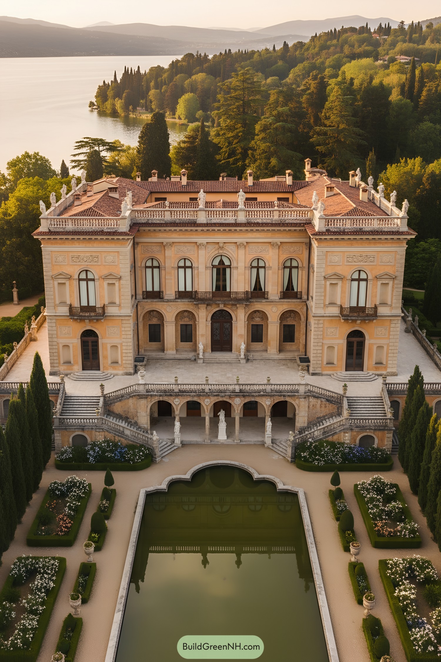 Grand lakeside palazzo with terraced gardens and reflecting pool