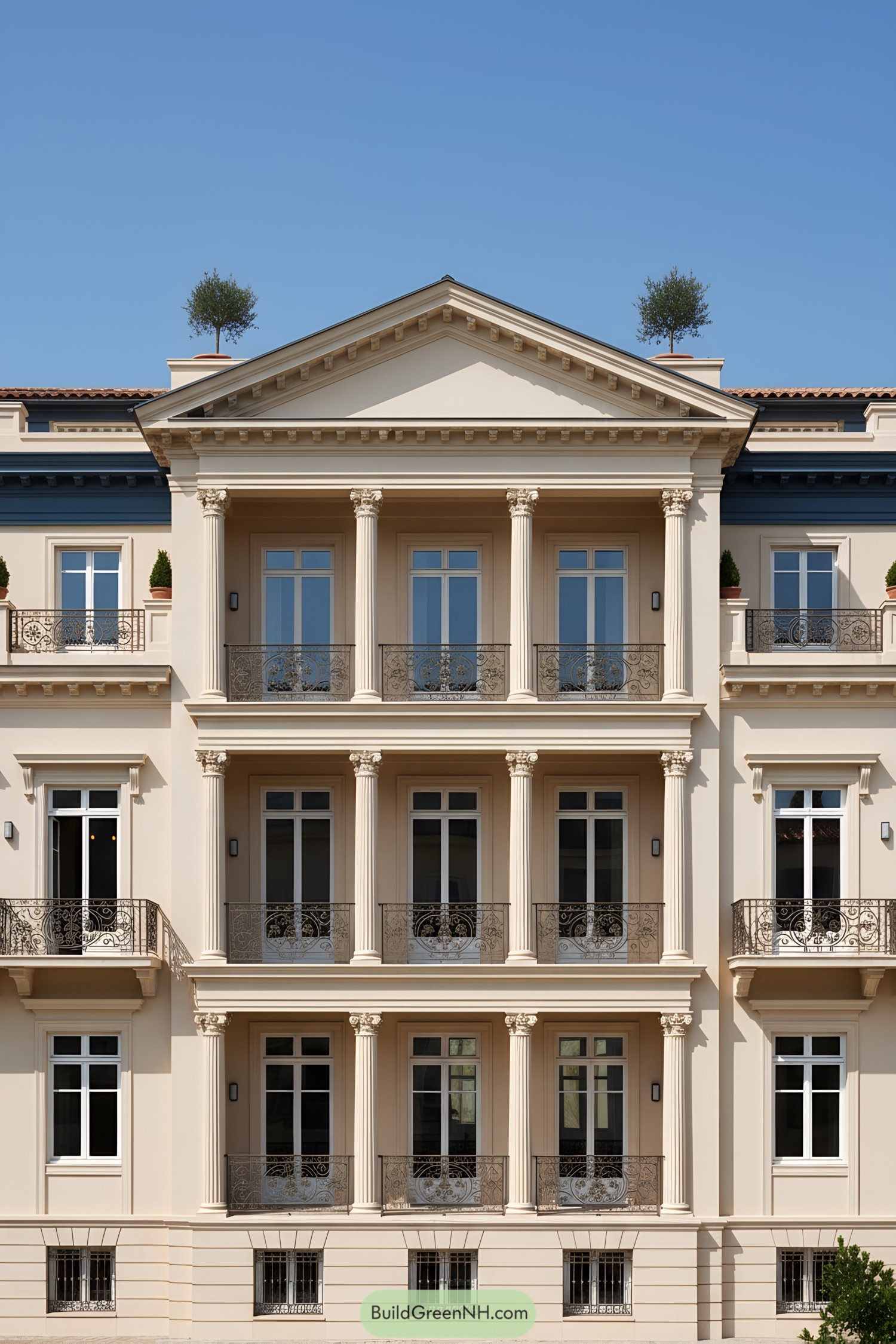 Symmetrical neoclassical palace facade with balconies