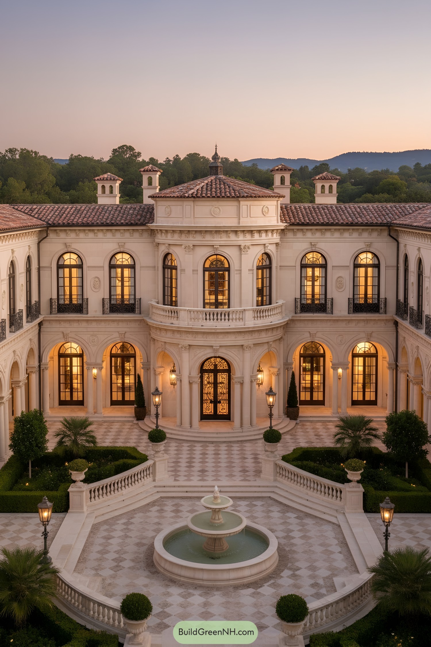 Grand palazzo courtyard with rotunda and fountain