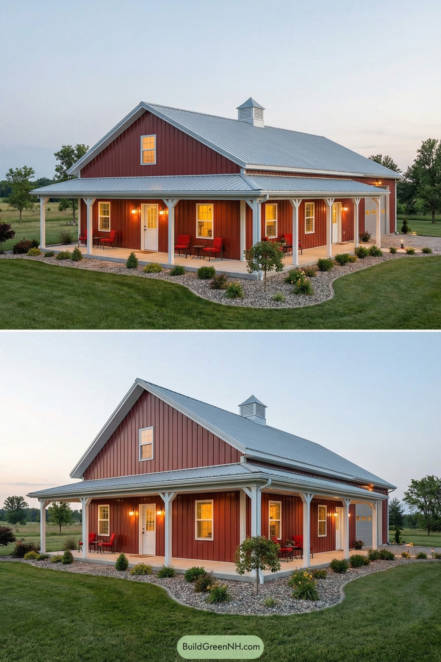 Red steel barndo with wraparound porch at dusk
