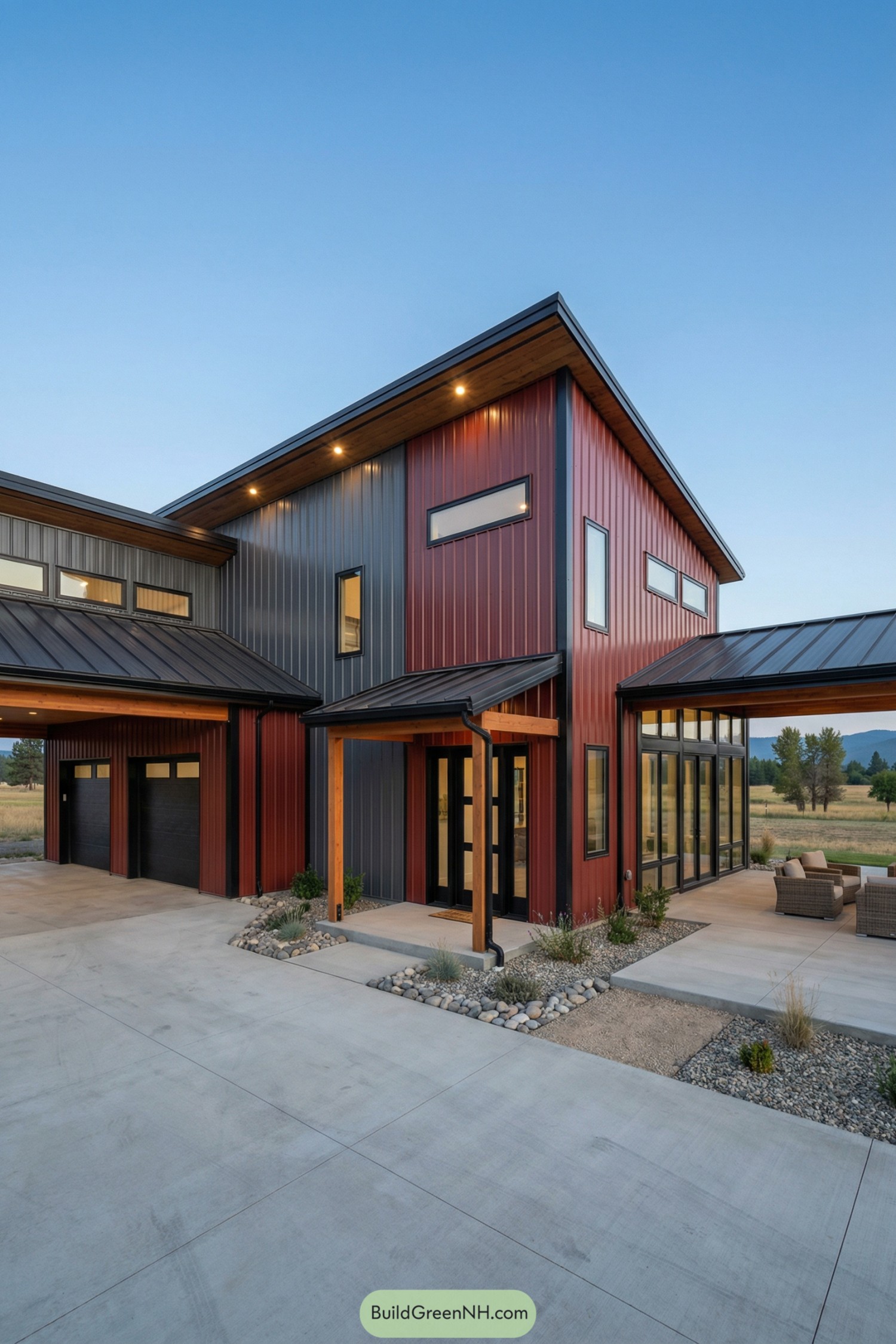 Two‑story metal barndo with red and charcoal panels, shed roofs, and glass breezeway