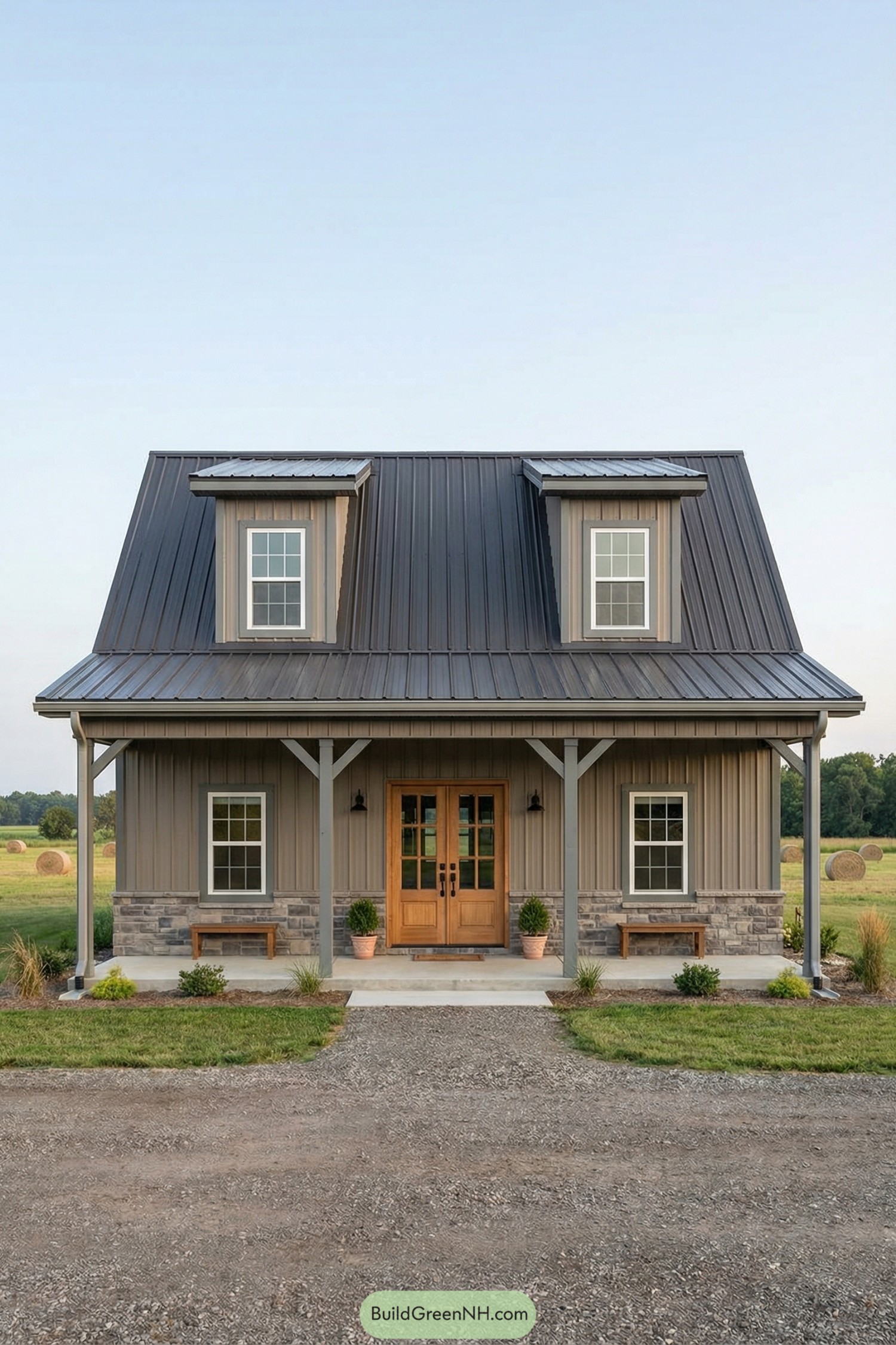 Metal barndo with dormers and porch