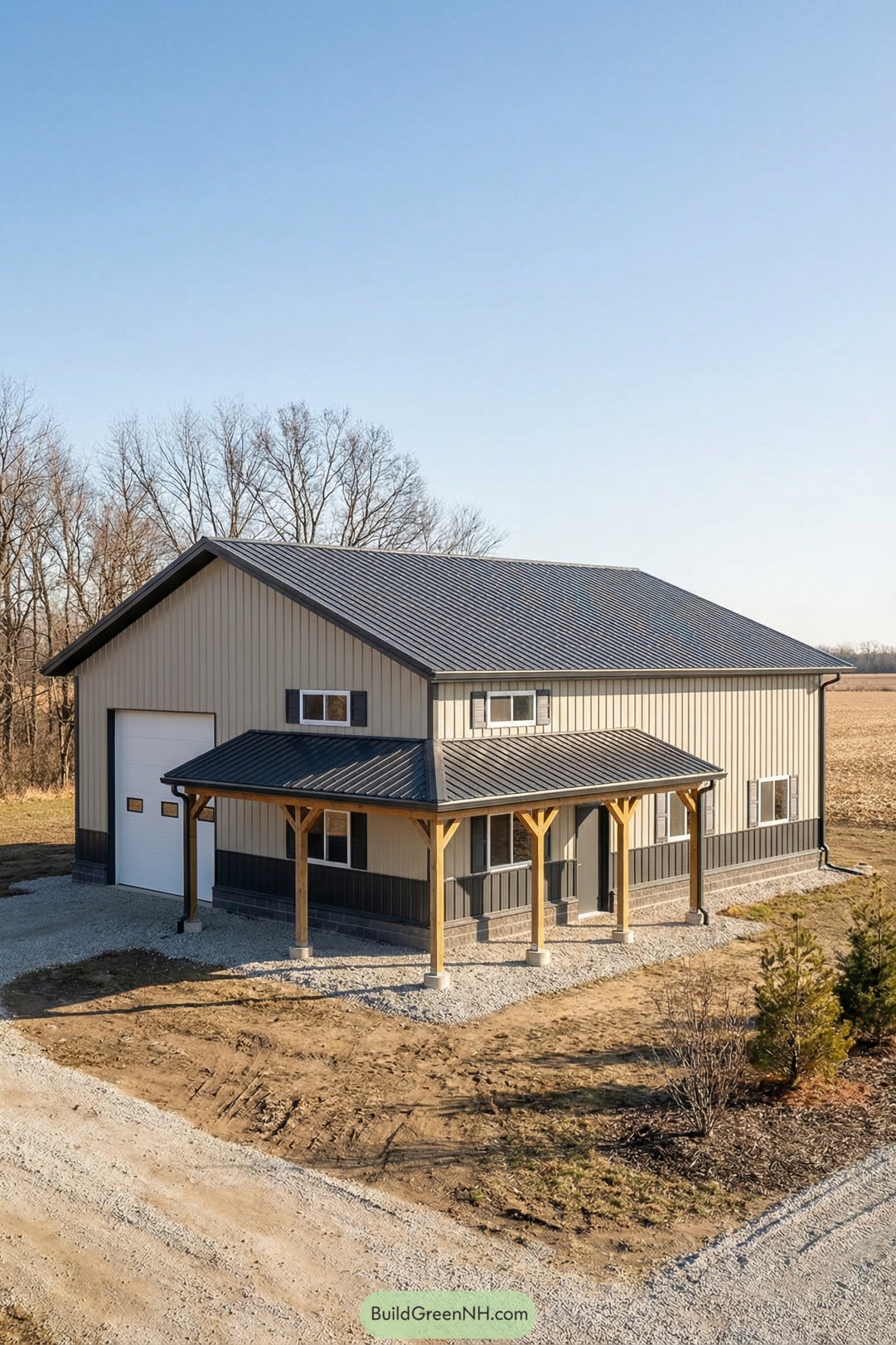 Metal pole barn home with wraparound timber porch and charcoal standing-seam roof