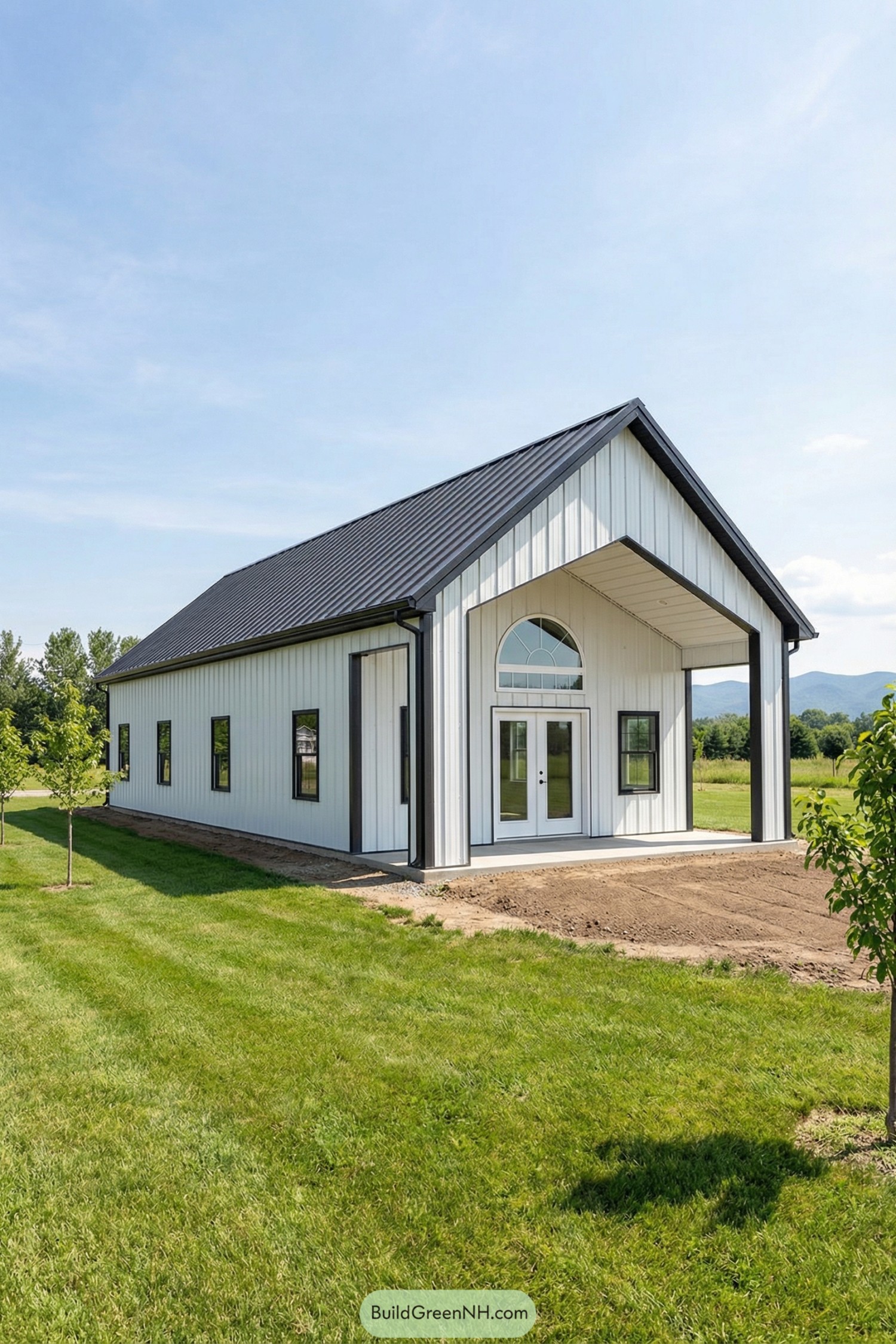 White metal barndominium with black trim and a covered front porch