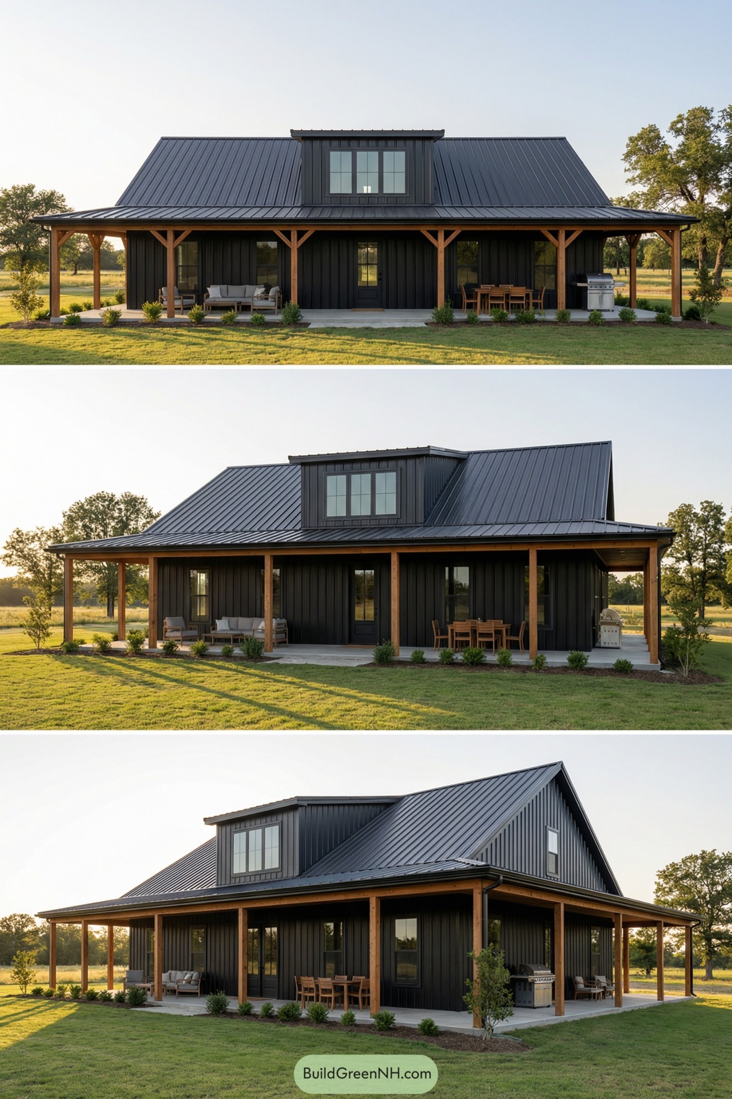 Black metal barndo with wraparound porch and dormer