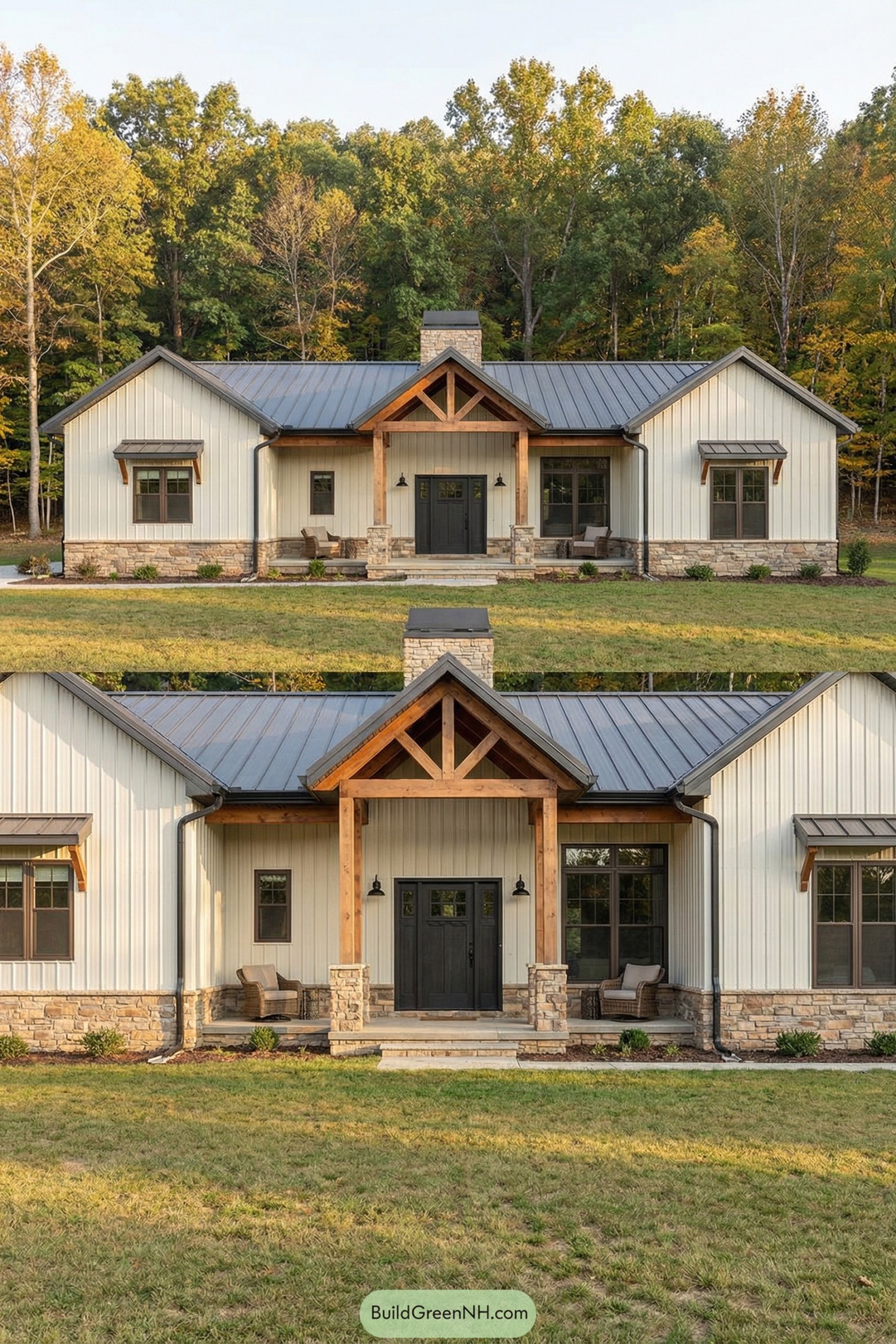 Light steel barndo with timber porch and stone base