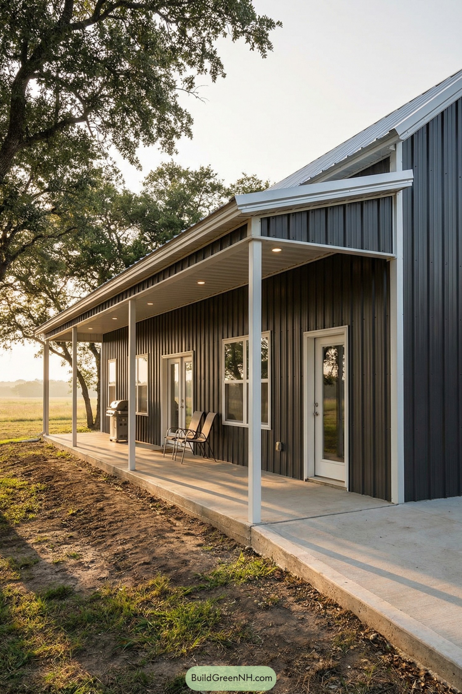Dark metal barndo with long covered porch