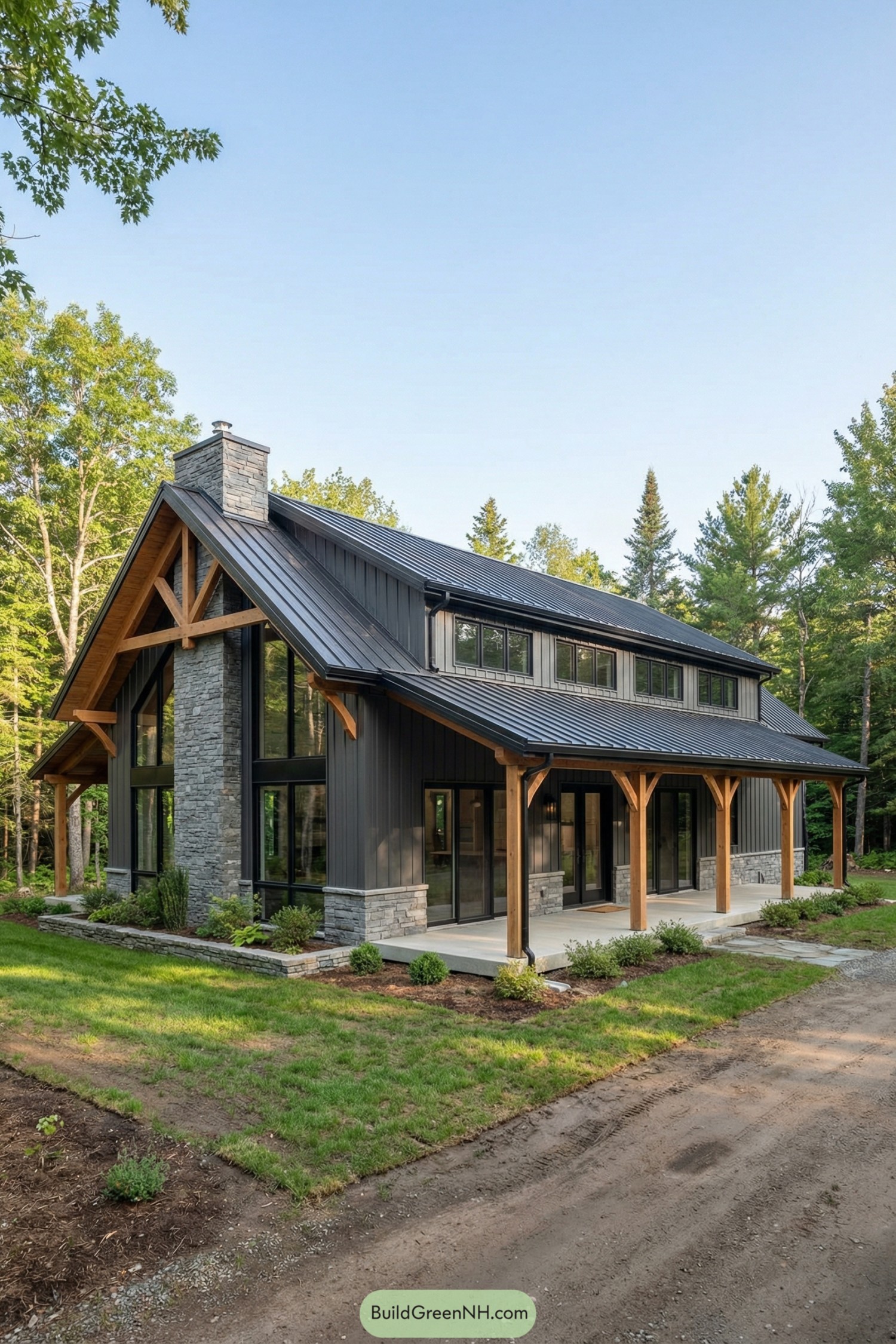 Dark metal barndo with stone chimney, timber posts, and long porch set in a wooded lot