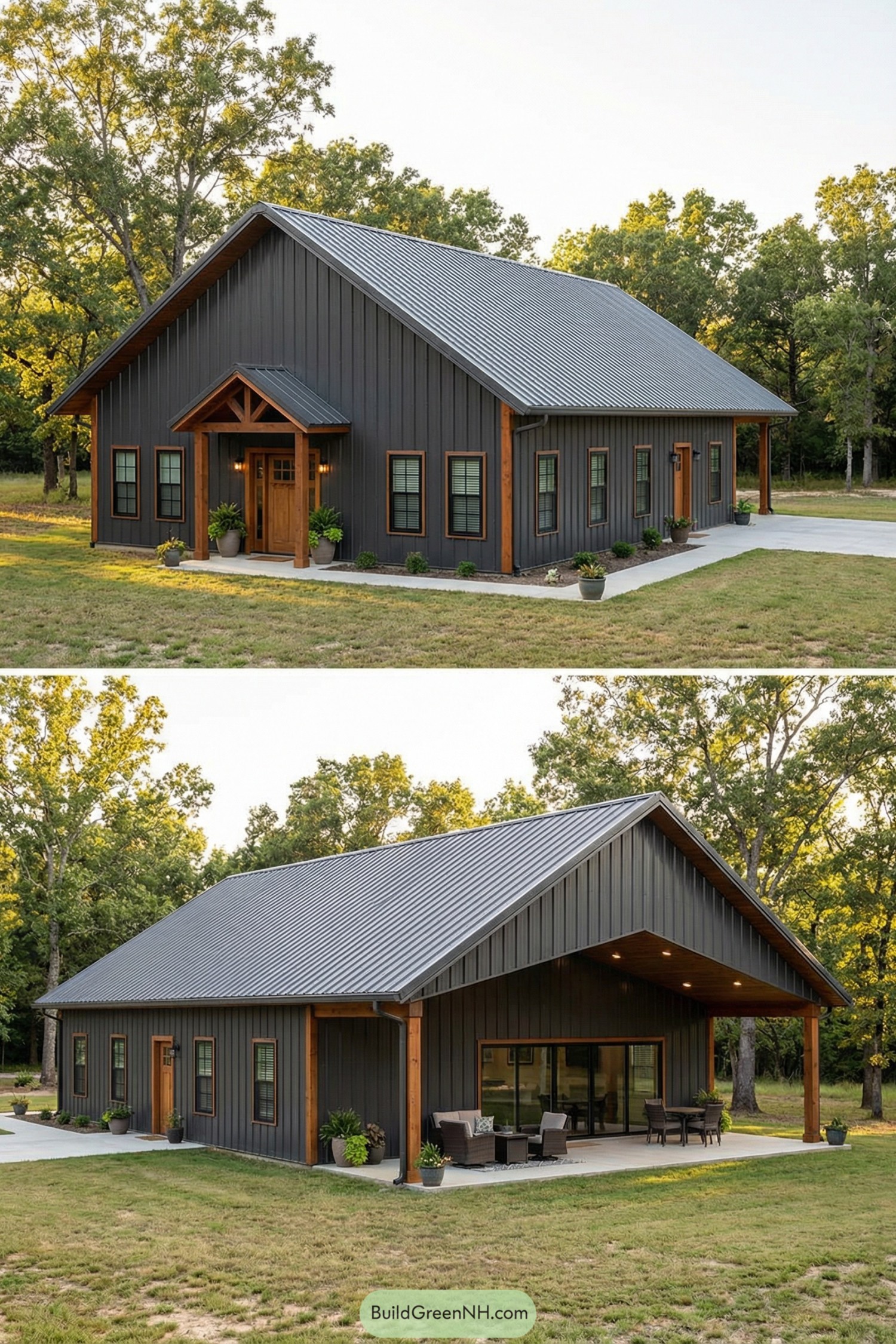 Dark metal barndominium with timber trim and deep covered porch