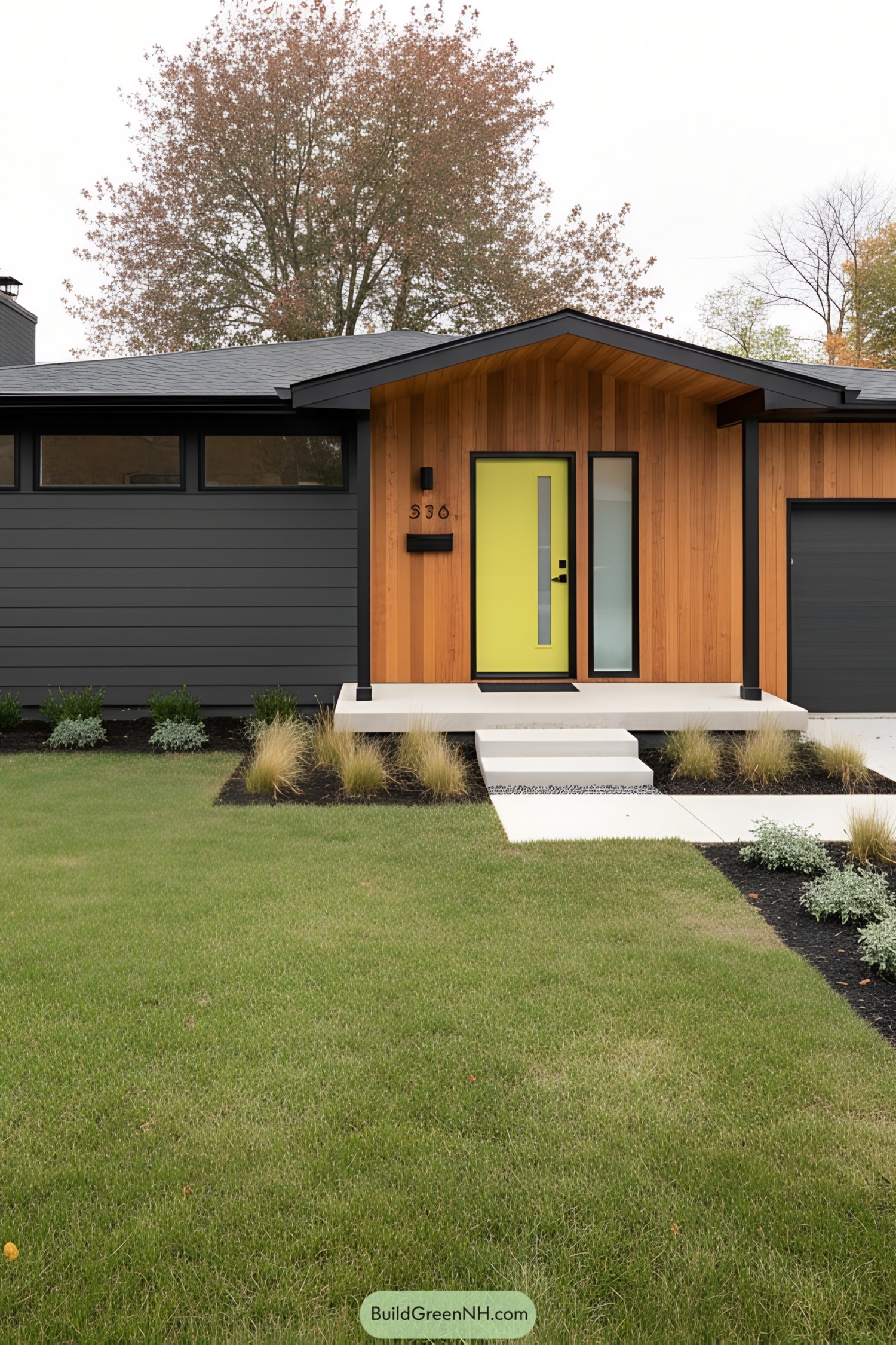 Mid-century house with cedar entry, charcoal siding, and lime door