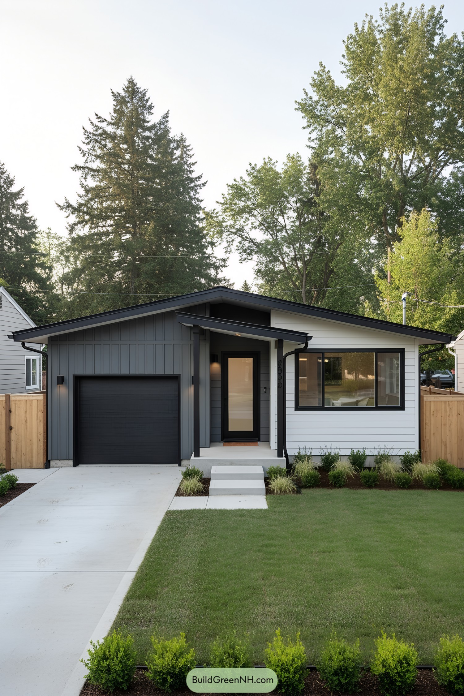 Compact mid-century home with dark-gray siding, white cladding, and a shallow gable over a small porch