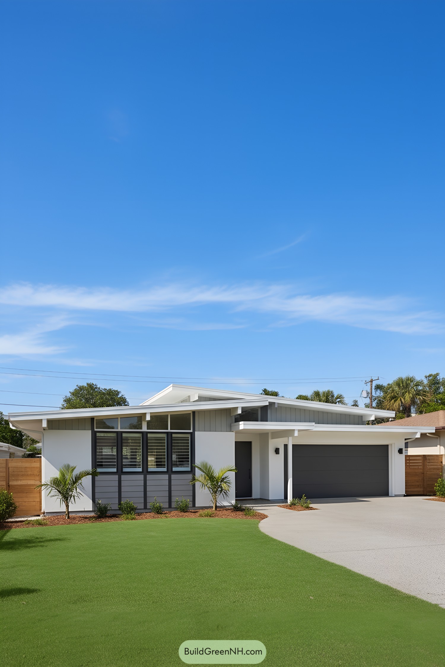 Mid-century modern home with asymmetric roof and gray-white siding
