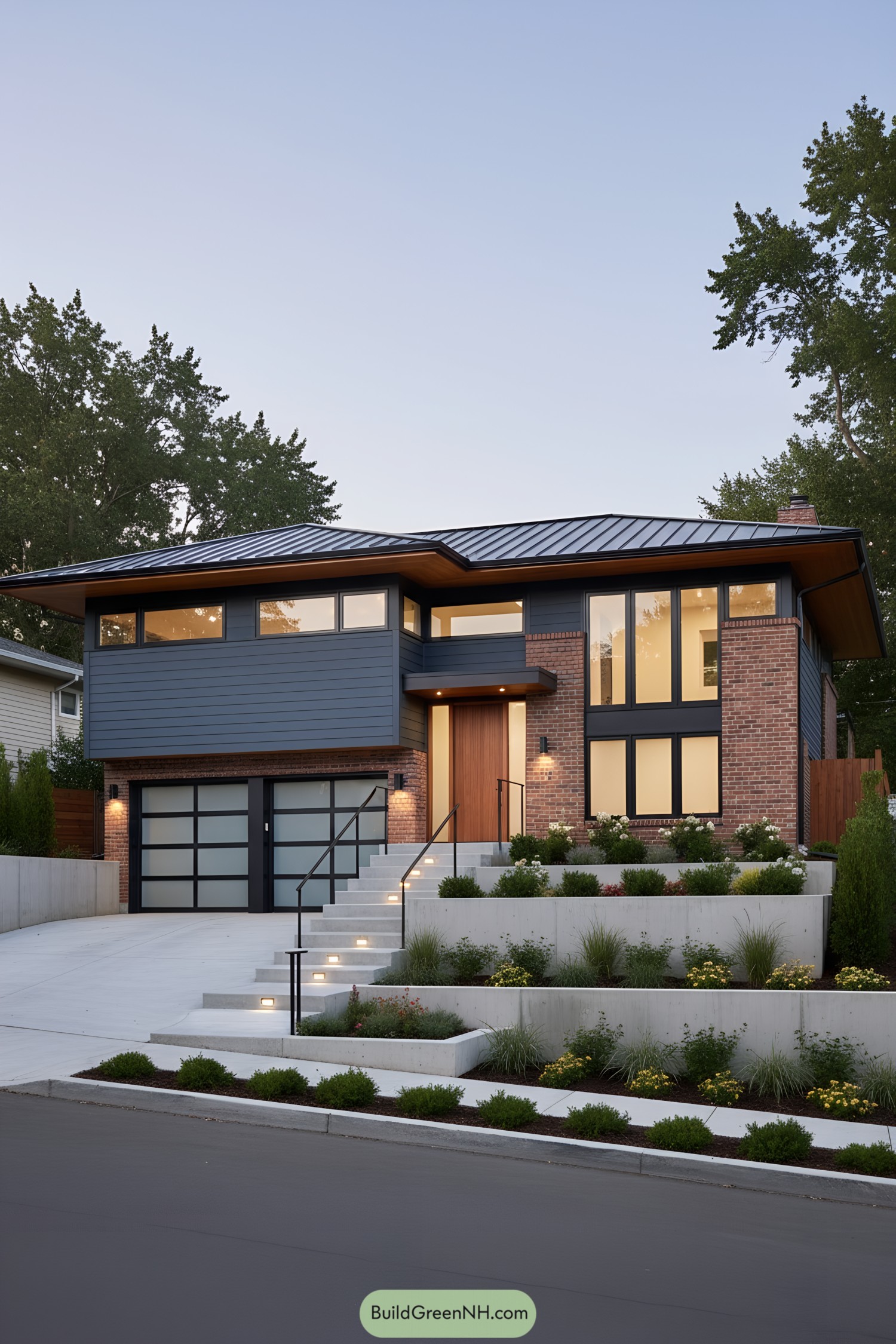 Mid-century split-level home with brick, blue siding, and tiered concrete landscaping