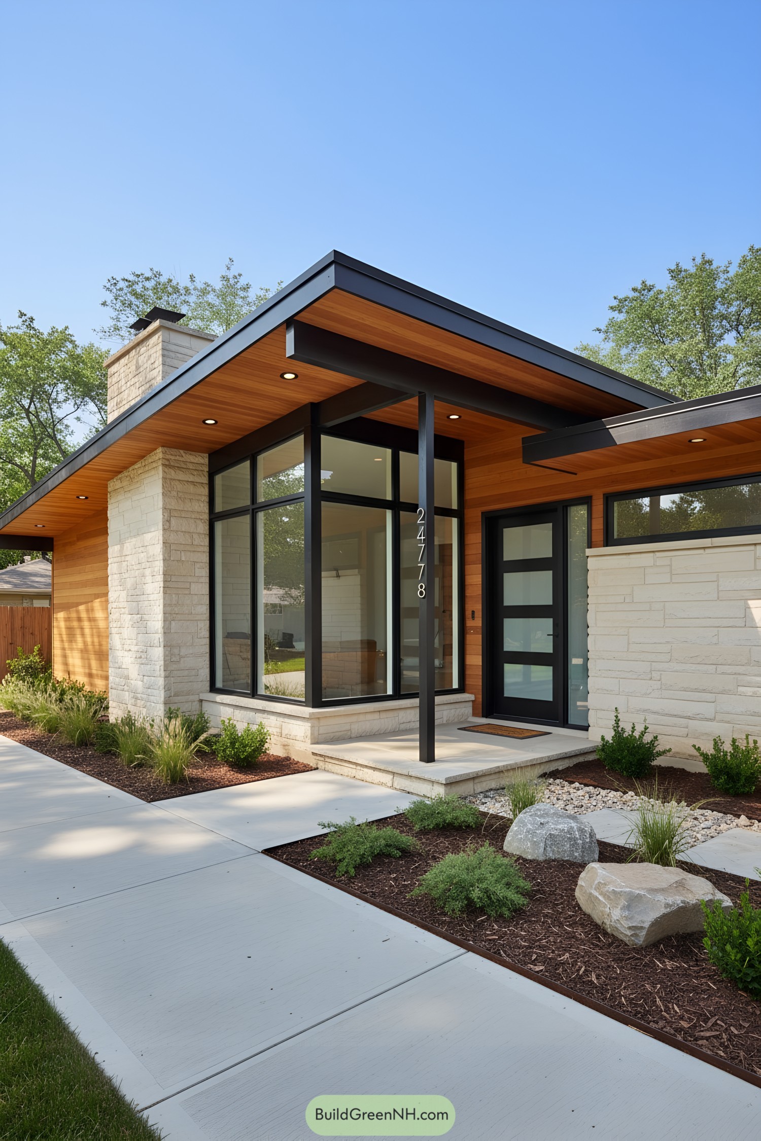 Mid-century modern entry with cedar soffit, stone cladding, and black-framed glass