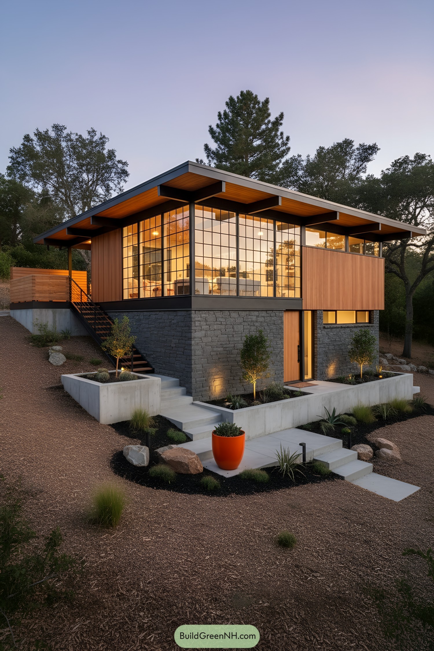 Mid-century house with gridded glass, cedar, and stone on a sloped site at dusk