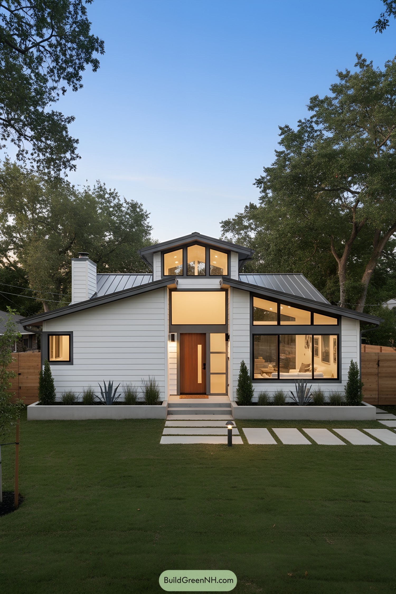 White lap-siding midcentury house with metal roof, large windows, and warm wood door