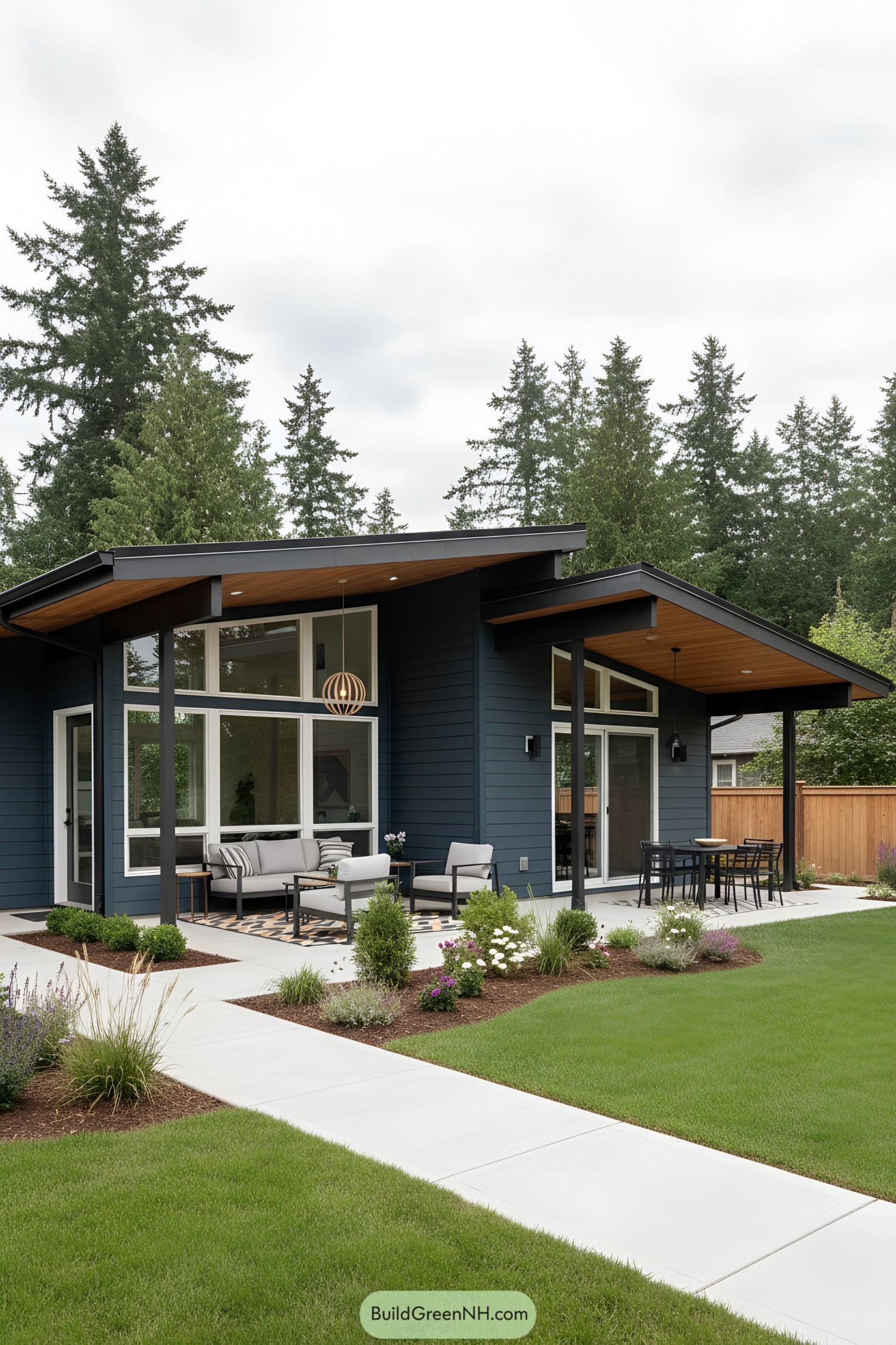 Dark blue midcentury house with twin shed roofs, cedar soffits, and large windows opening to a patio