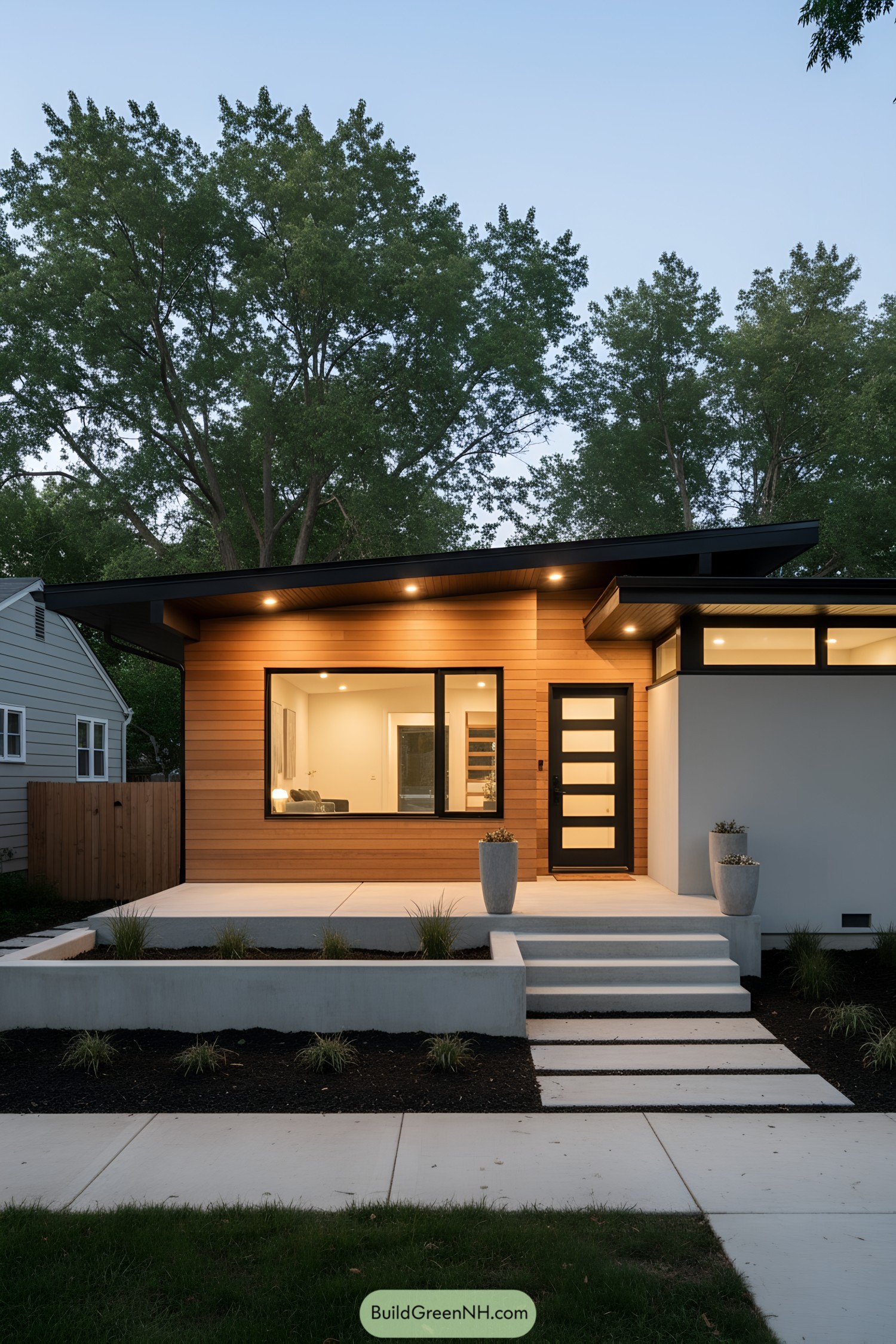 Low-slung cedar-and-stucco facade with wide overhang and black-framed glazing