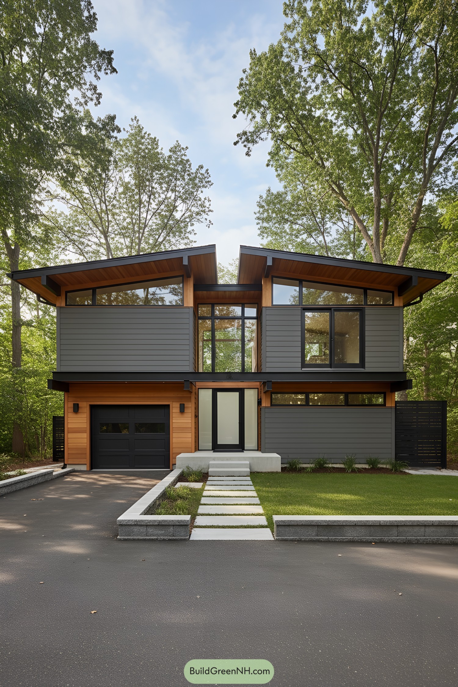 Two-tier modern house with twin butterfly roofs, gray siding, black trim, and cedar accents