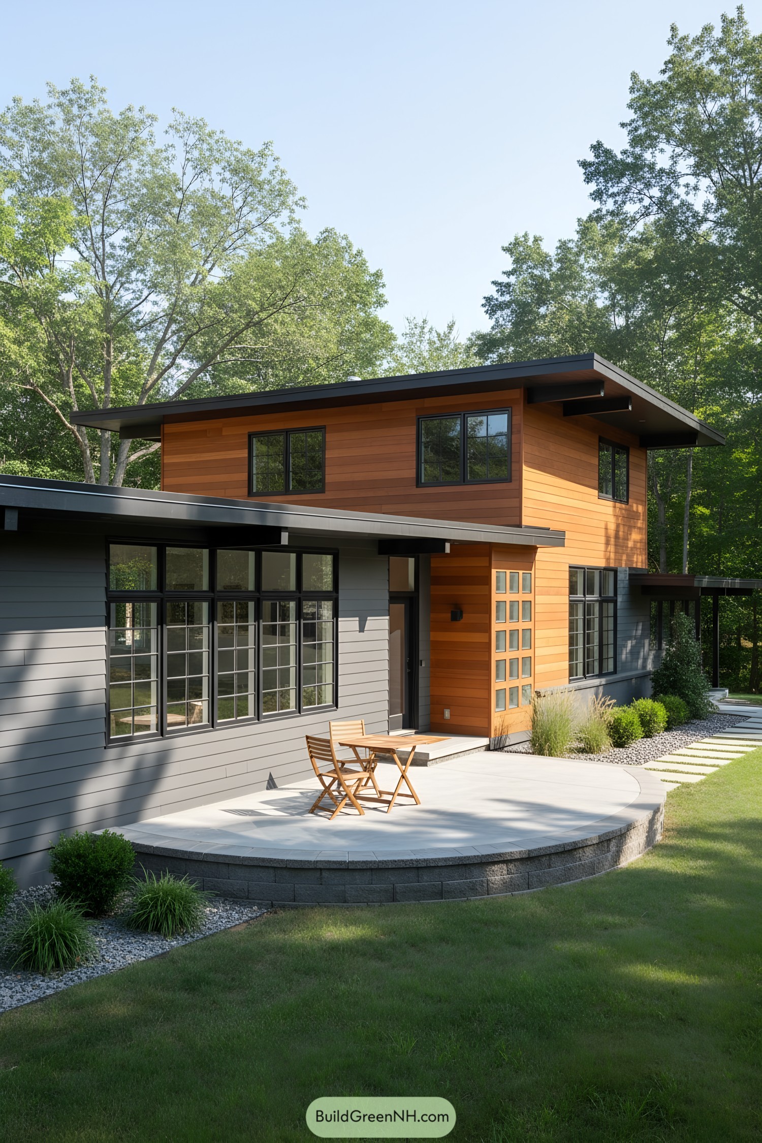Two-tone mid-century house with cedar and gray siding, large windows, and low-slung roofs
