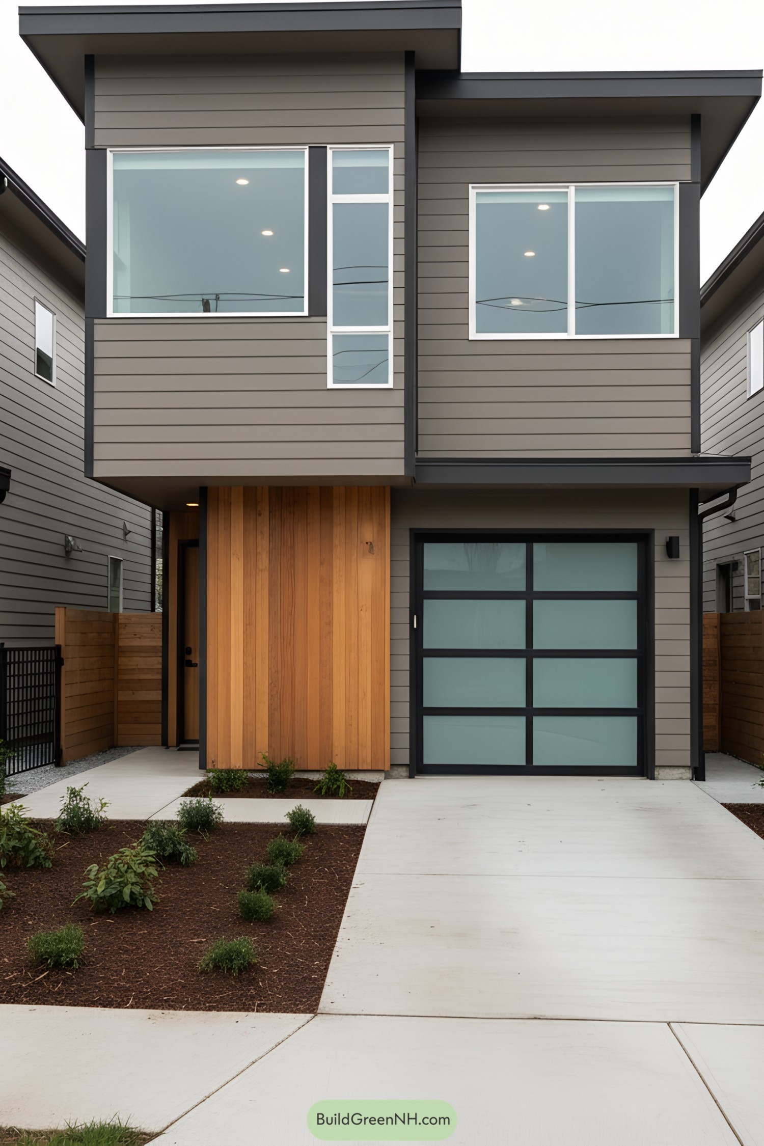 Two-story mid-century facade with gray lap siding, cedar entry, and frosted glass garage