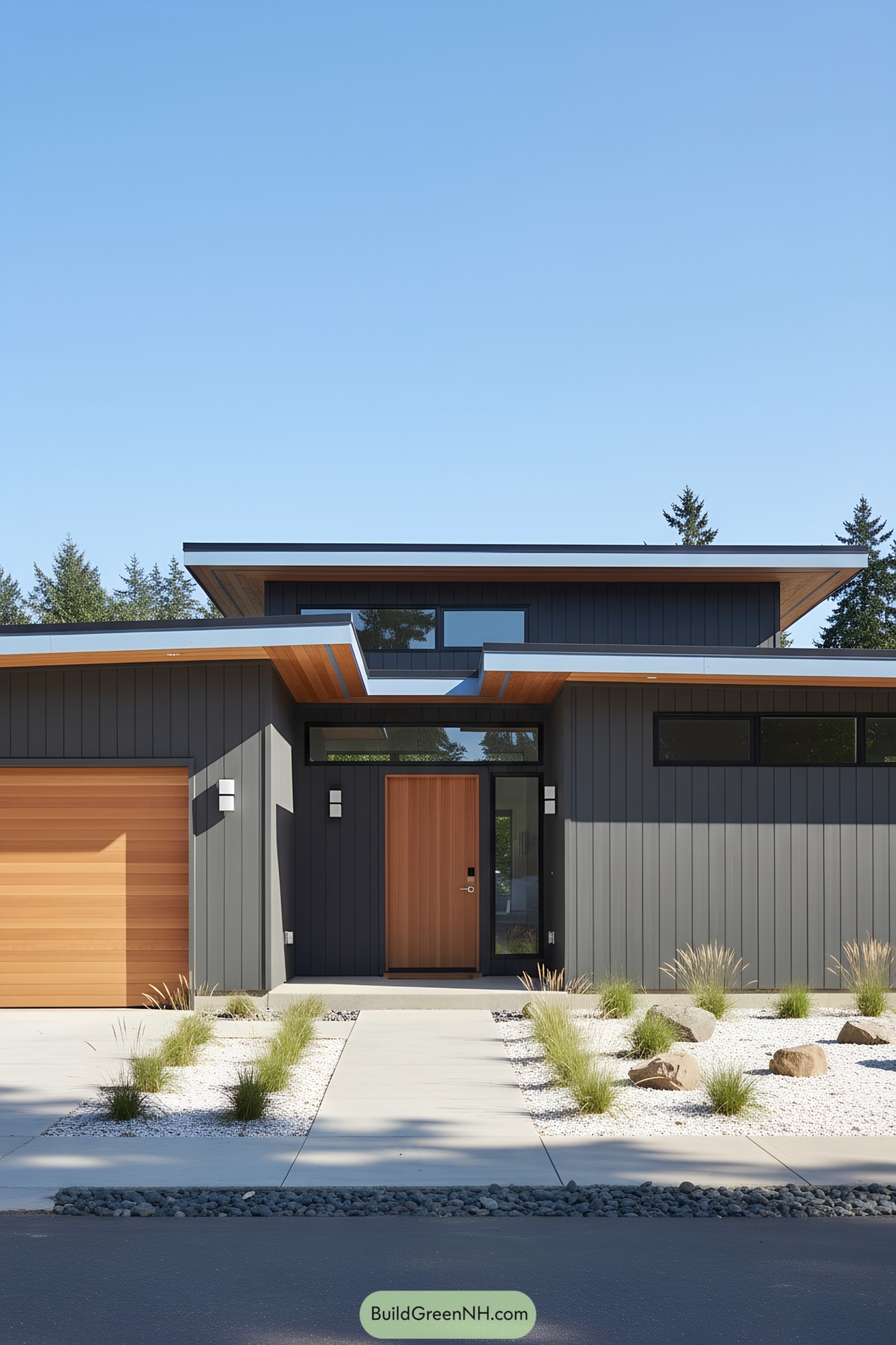 Dark vertical siding with cedar door and soffits, low-slung rooflines, and minimalist xeriscape
