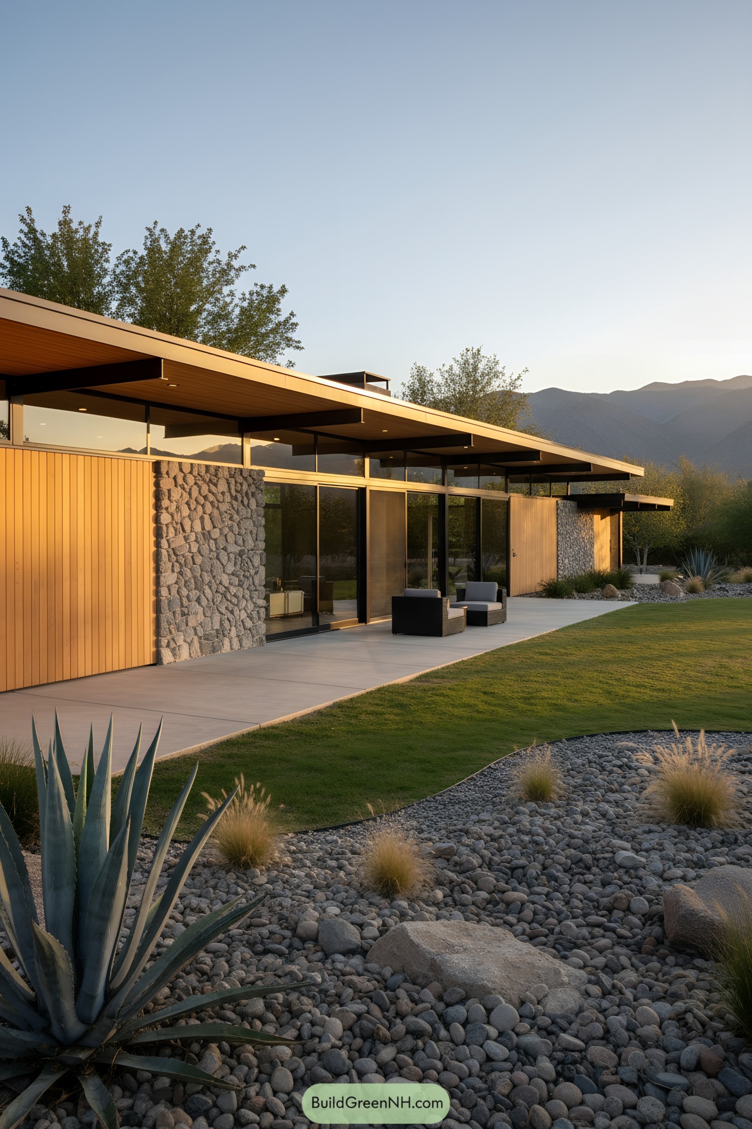 Midcentury pavilion with long eaves, glass, and stone