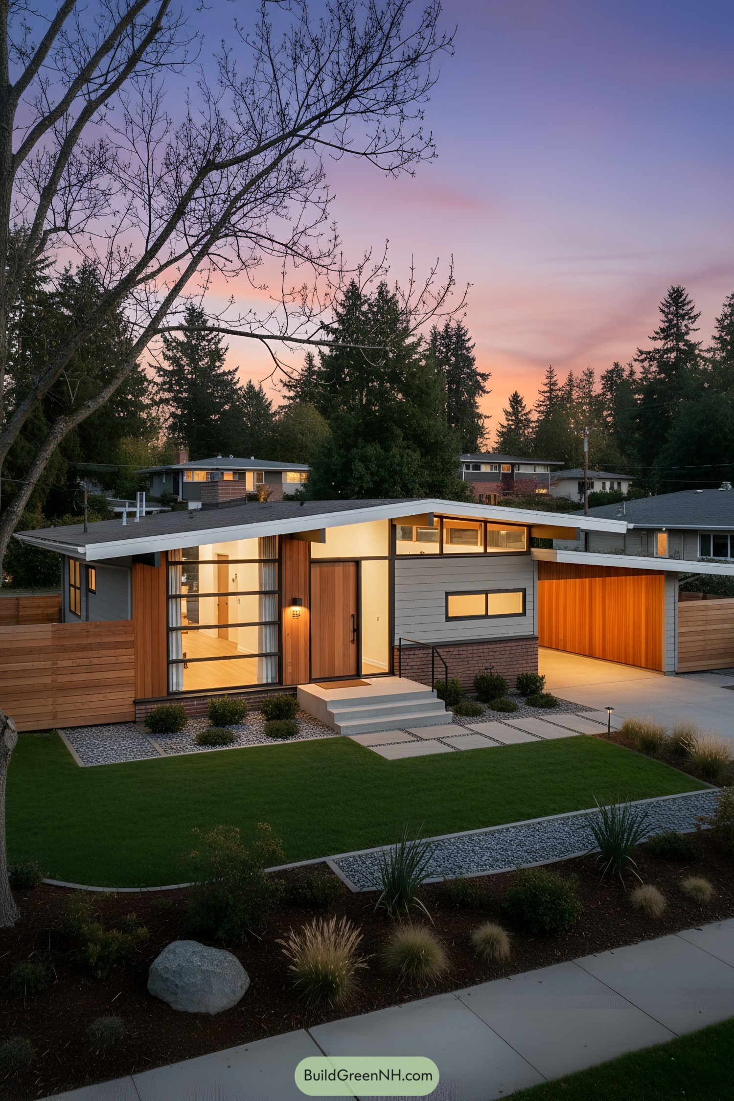 Mid-century home with angled roof, cedar siding, and glassy entry glowing at dusk