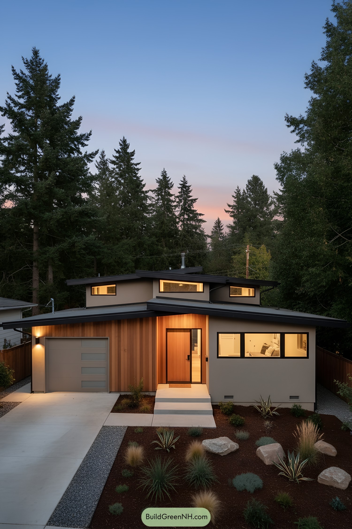 Mid-century home with layered shed roofs and cedar siding at dusk