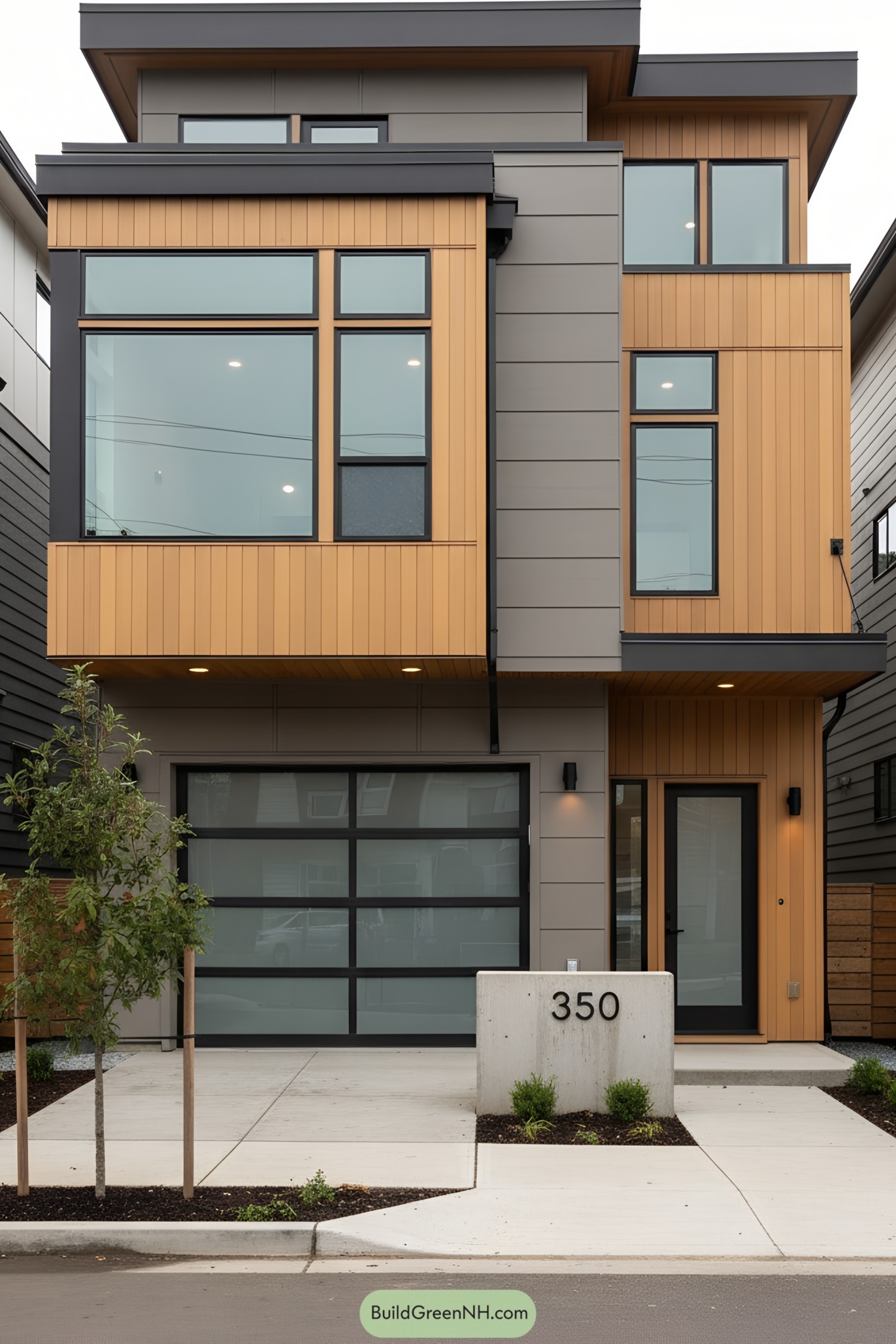 Two-story modern facade with amber vertical siding, gray fiber-cement panels, and large black-trimmed windows above a frosted glass garage
