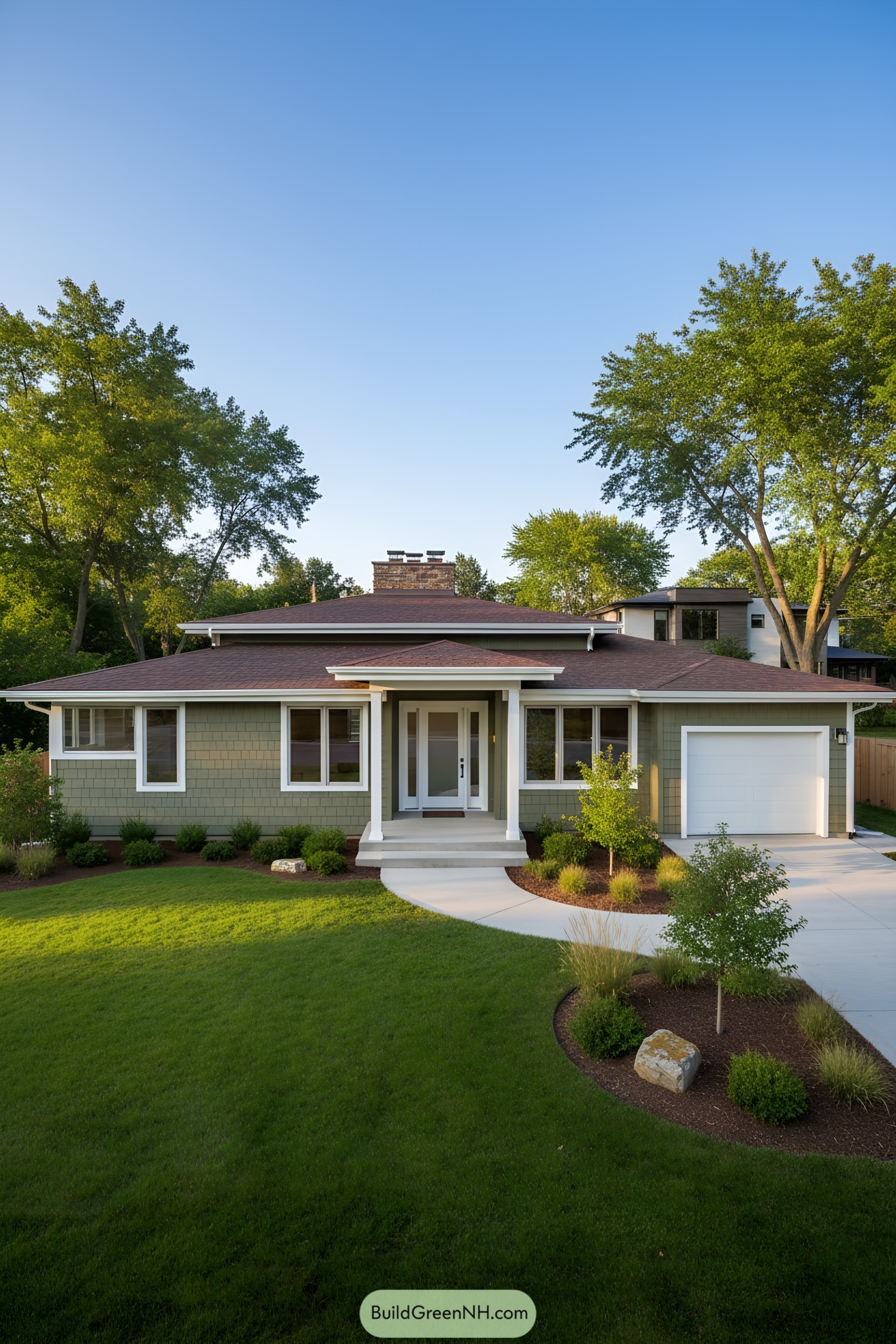 Single-story midcentury home with sage shingles, low hipped roof, and white-trimmed windows